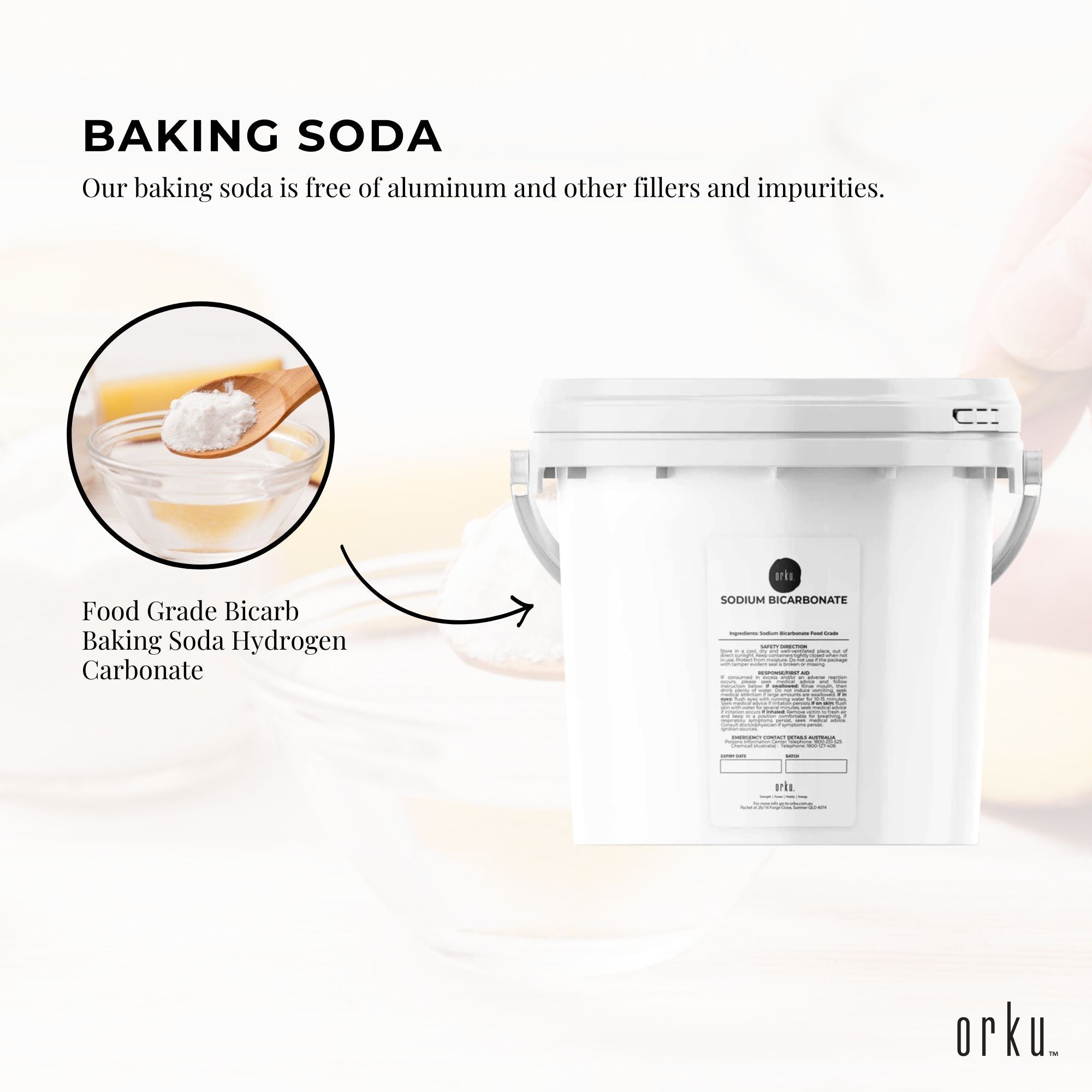 Orku 5Kg Sodium Bicarbonate Food Grade Tub Baking Soda Aluminium Free Powder