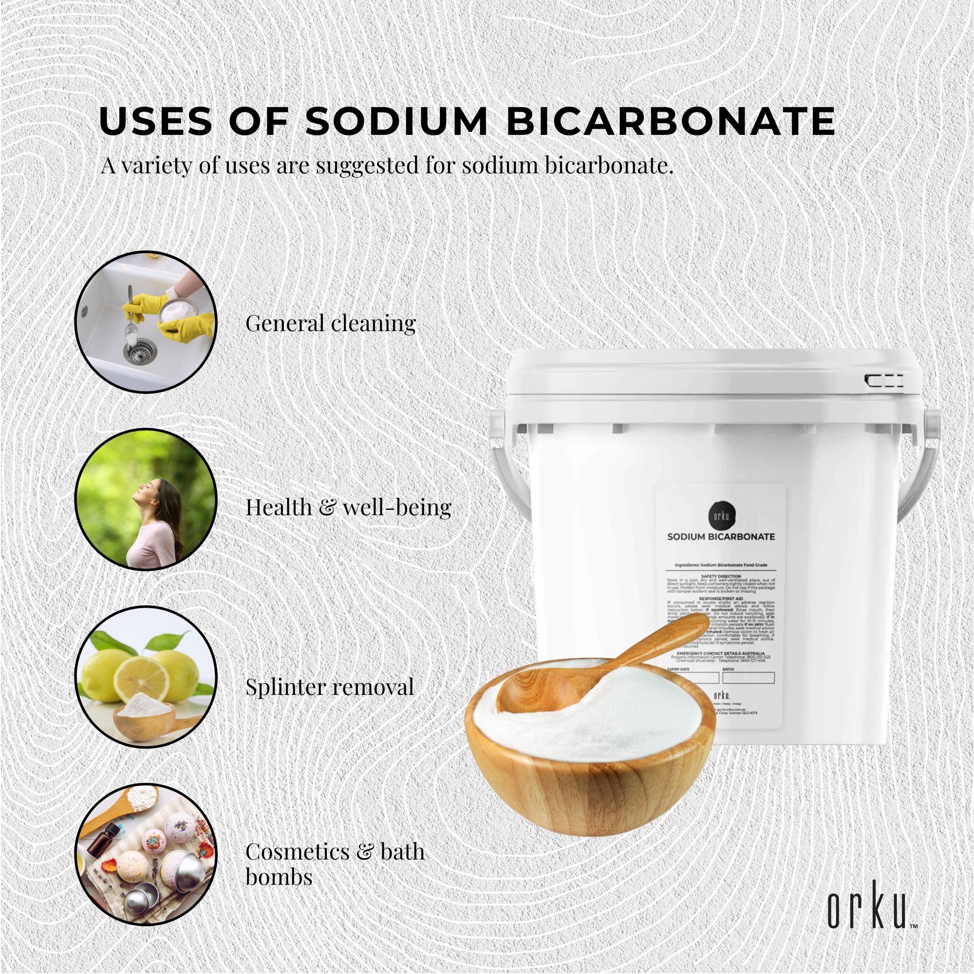 Orku 5Kg Sodium Bicarbonate Food Grade Tub Baking Soda Aluminium Free Powder