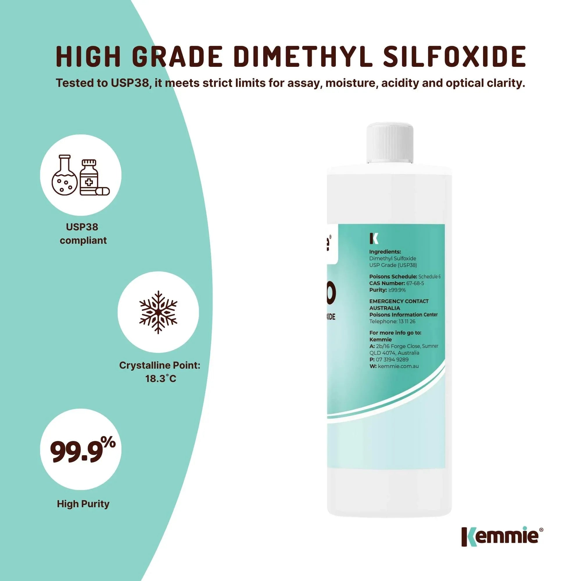 Kemmie 1L DMSO Liquid 99.9% Pure - USP Grade Dimethyl Sulfoxide Solvent