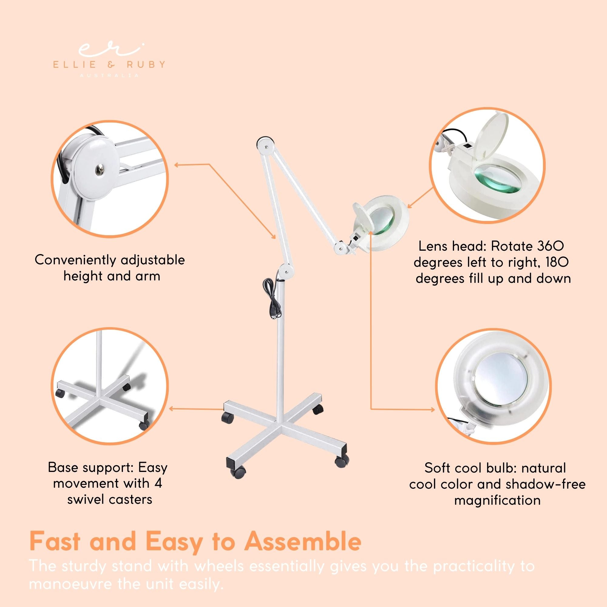 Wellness Accessories: Ellie & Ruby 5x Magnifying Floor Lamp - Glass Lens Light and Wheeled Stand White