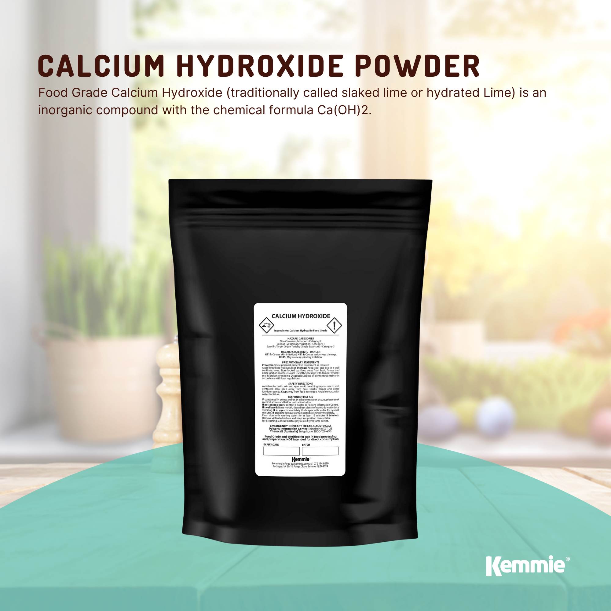 Kemmie 1Kg Calcium Hydroxide Powder - Food Grade Pickling Lime Slaked Lime FCC