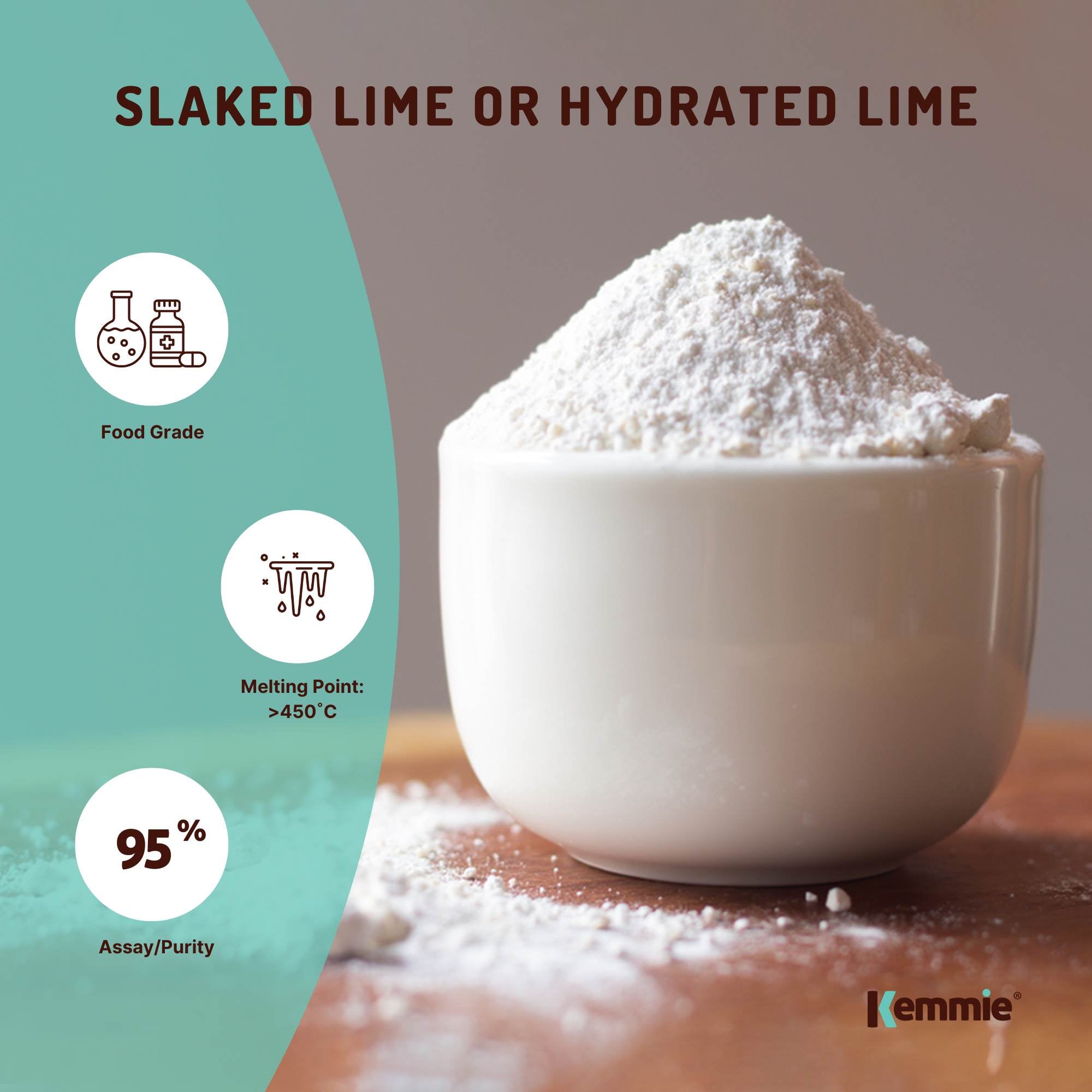 Kemmie 1Kg Calcium Hydroxide Powder - Food Grade Pickling Lime Slaked Lime FCC