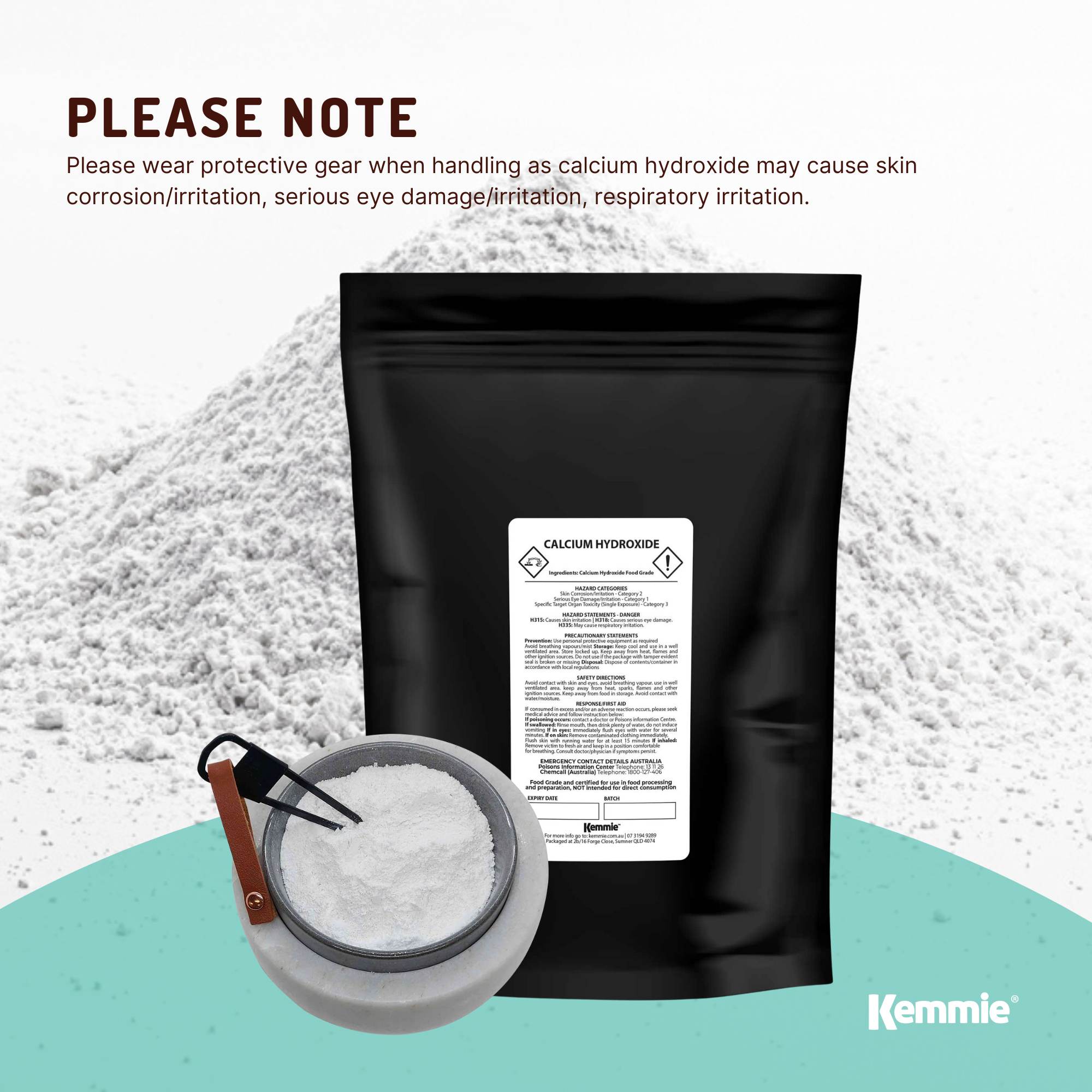 Kemmie 1Kg Calcium Hydroxide Powder - Food Grade Pickling Lime Slaked Lime FCC