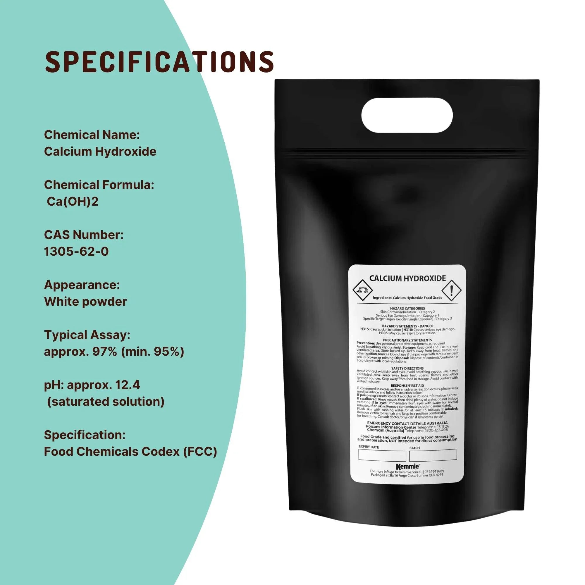 Kemmie 5Kg Calcium Hydroxide Powder - Food Grade Pickling Lime Slaked Lime FCC