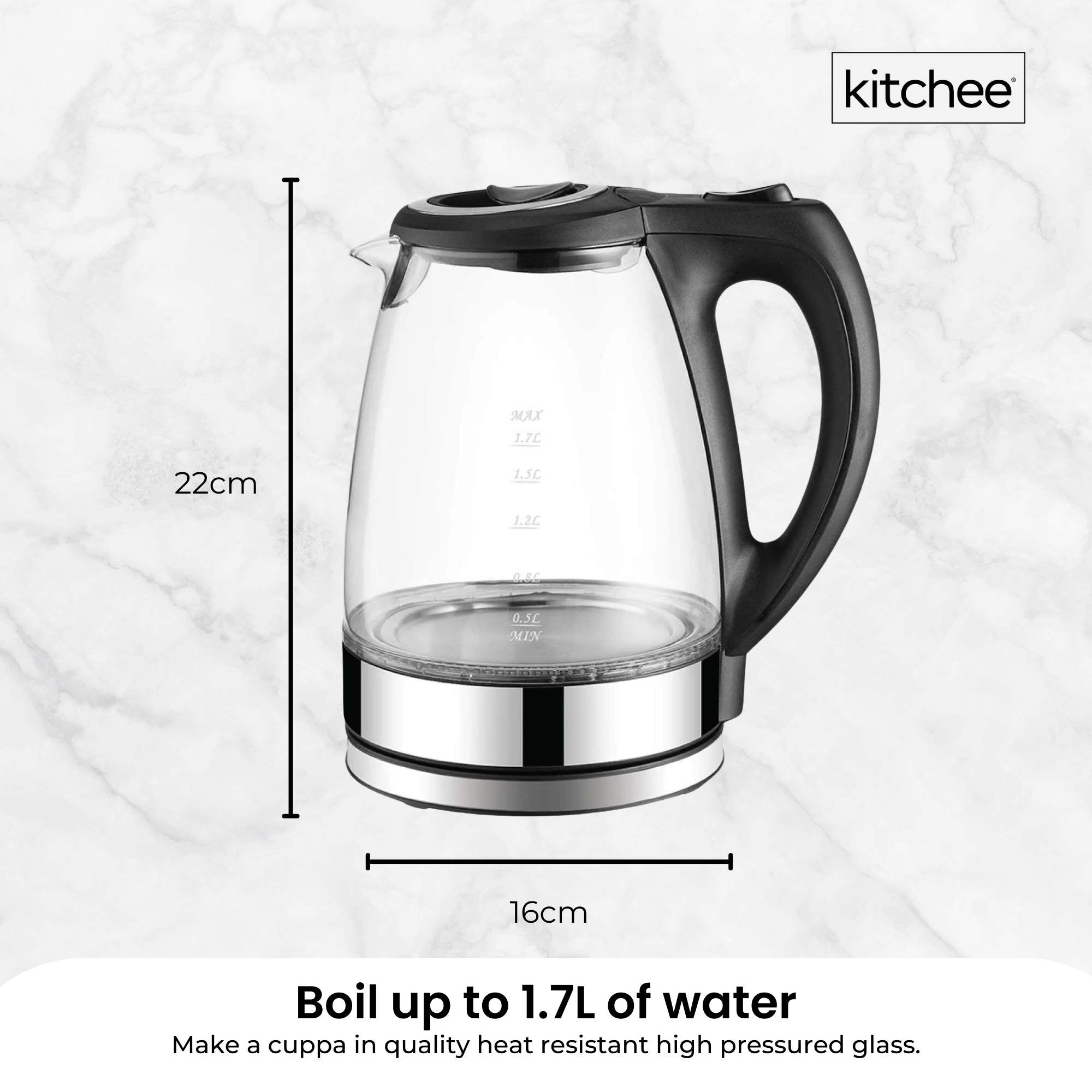 Kitchee 1.7L Glass Electric Kettle LED Light Cordless 360 Water Boiling Jug