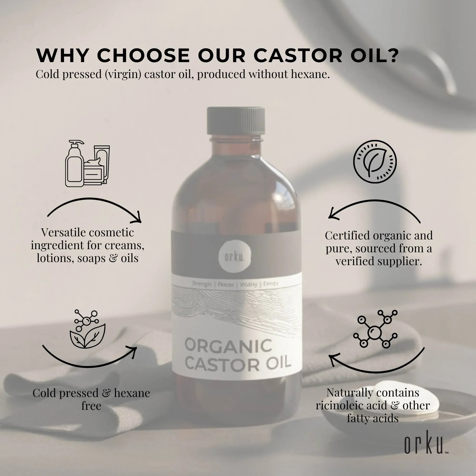 Orku 100ml Organic Castor Oil - Hexane Free Cold Pressed