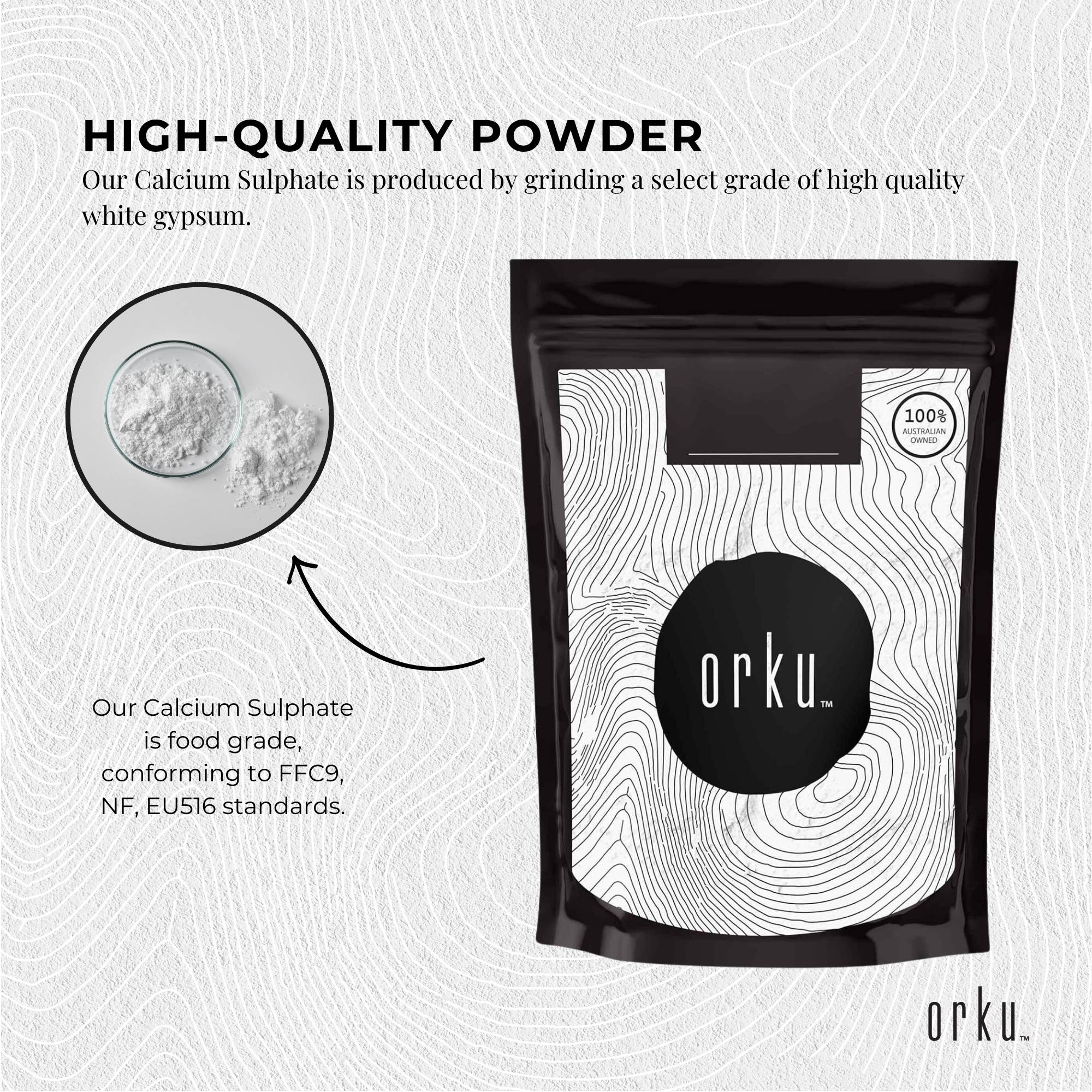 Orku 1Kg Fine Calcium Sulphate Gypsum Powder - Dihydrate Food Grade FCC E516