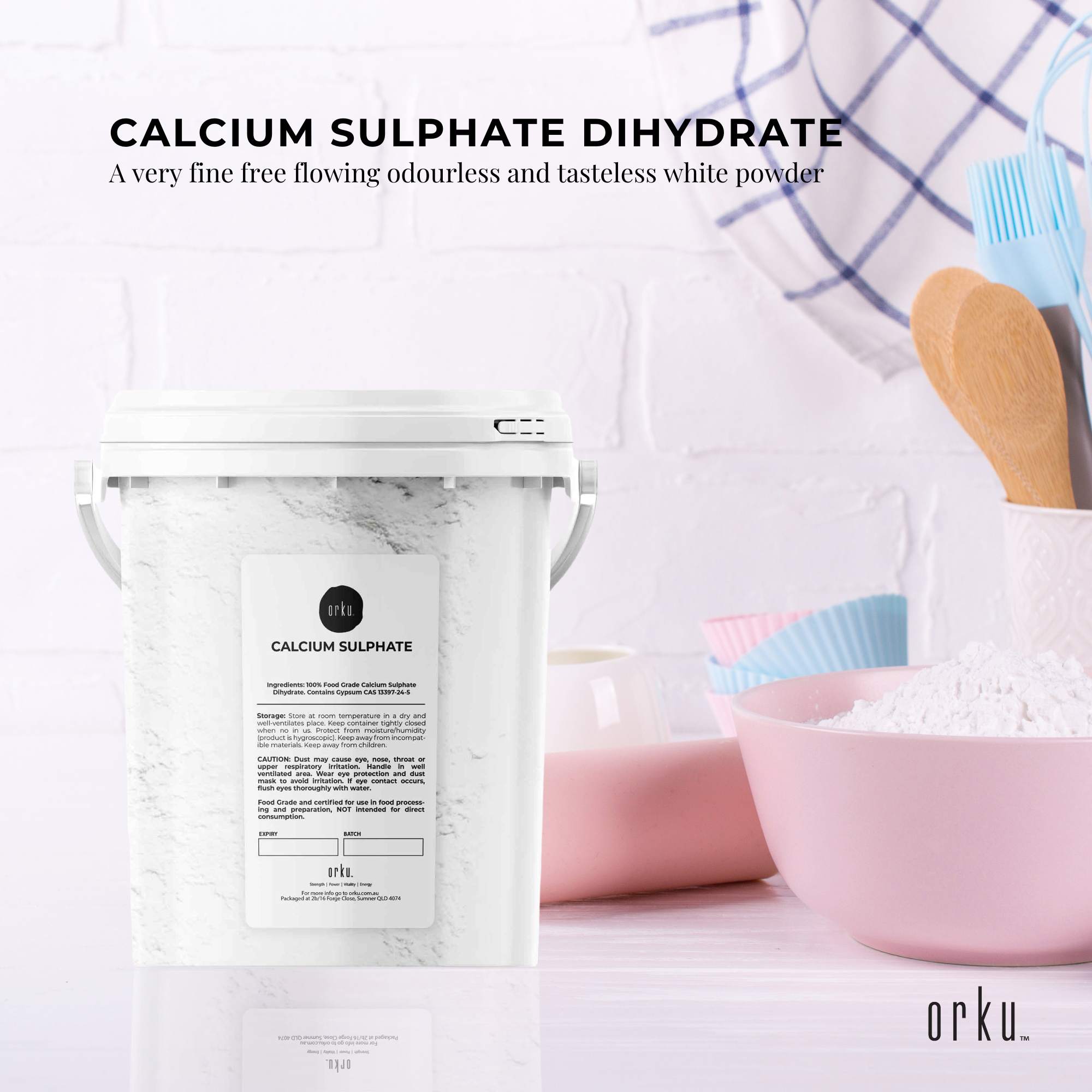Orku 1Kg Fine Calcium Sulphate Gypsum Powder Tub - Dihydrate Food Grade FCC E516