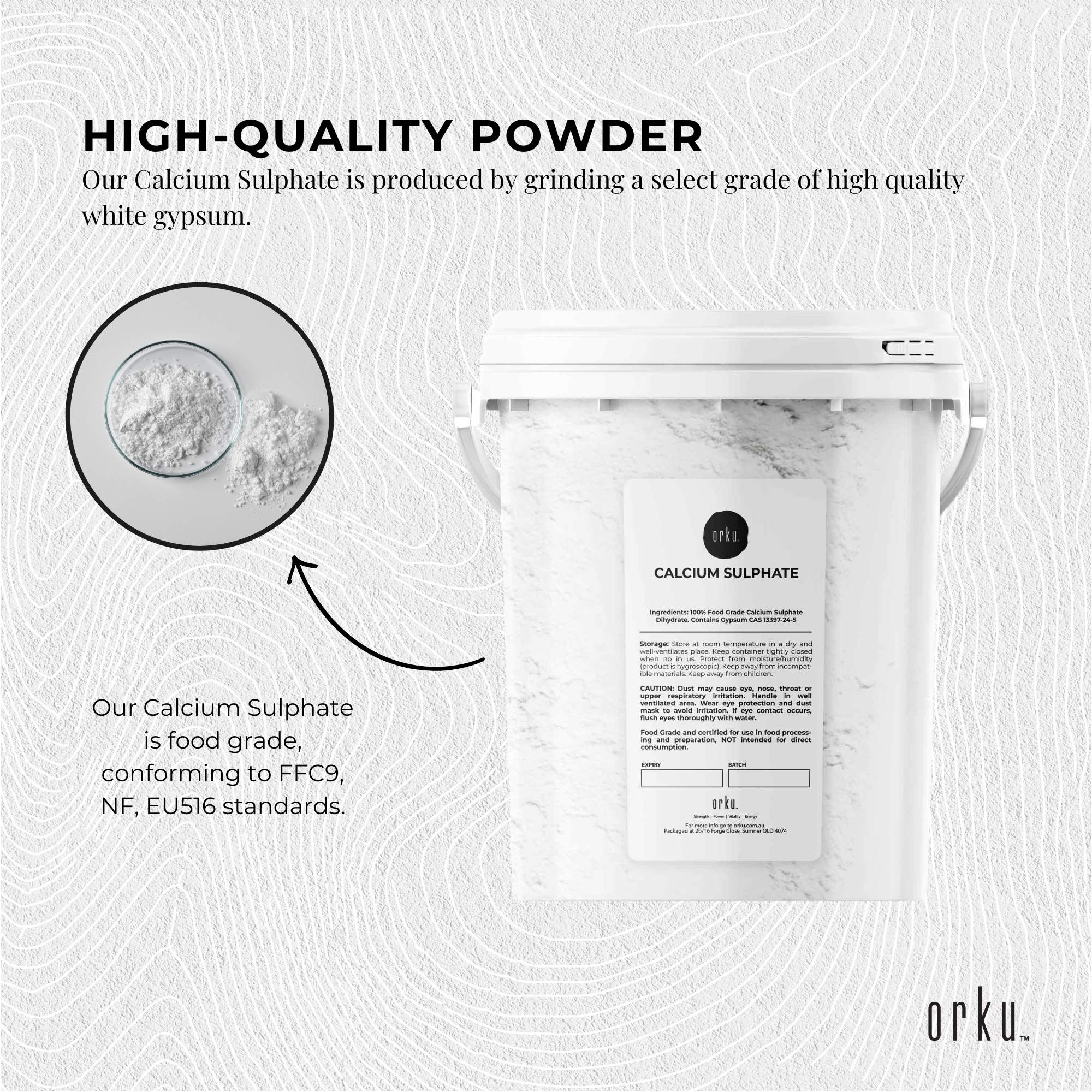 Orku 1Kg Fine Calcium Sulphate Gypsum Powder Tub - Dihydrate Food Grade FCC E516