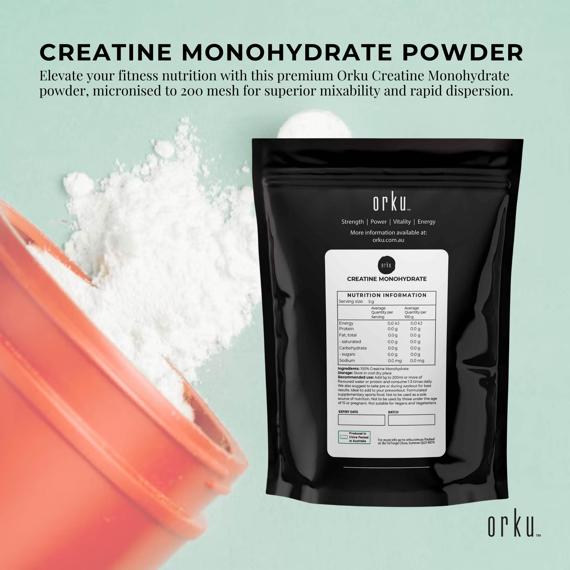 Orku 1Kg Creatine Monohydrate Powder 200 Mesh Micronised 99.9% Pure
