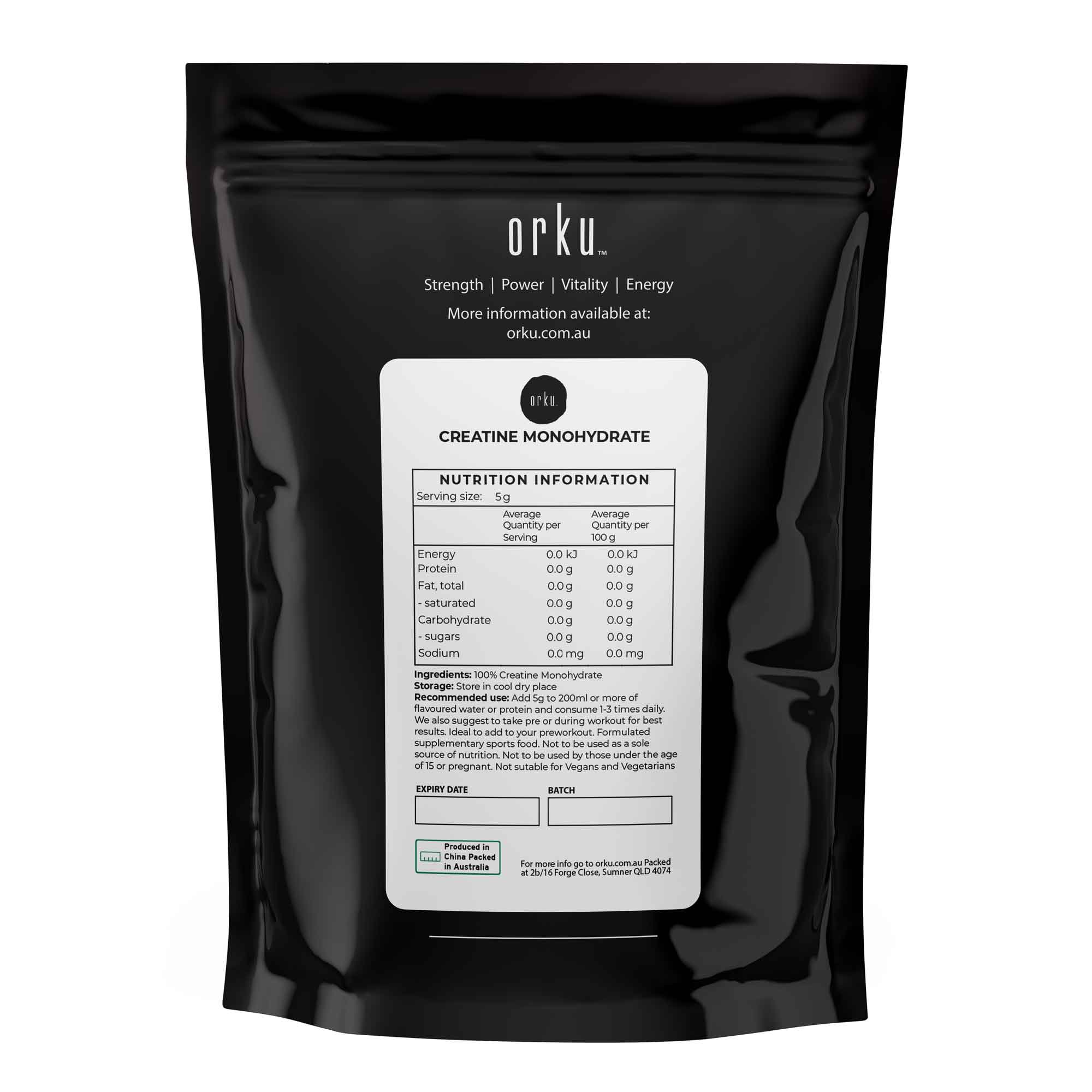 Orku 1Kg Creatine Monohydrate Powder 200 Mesh Micronised 99.9% Pure