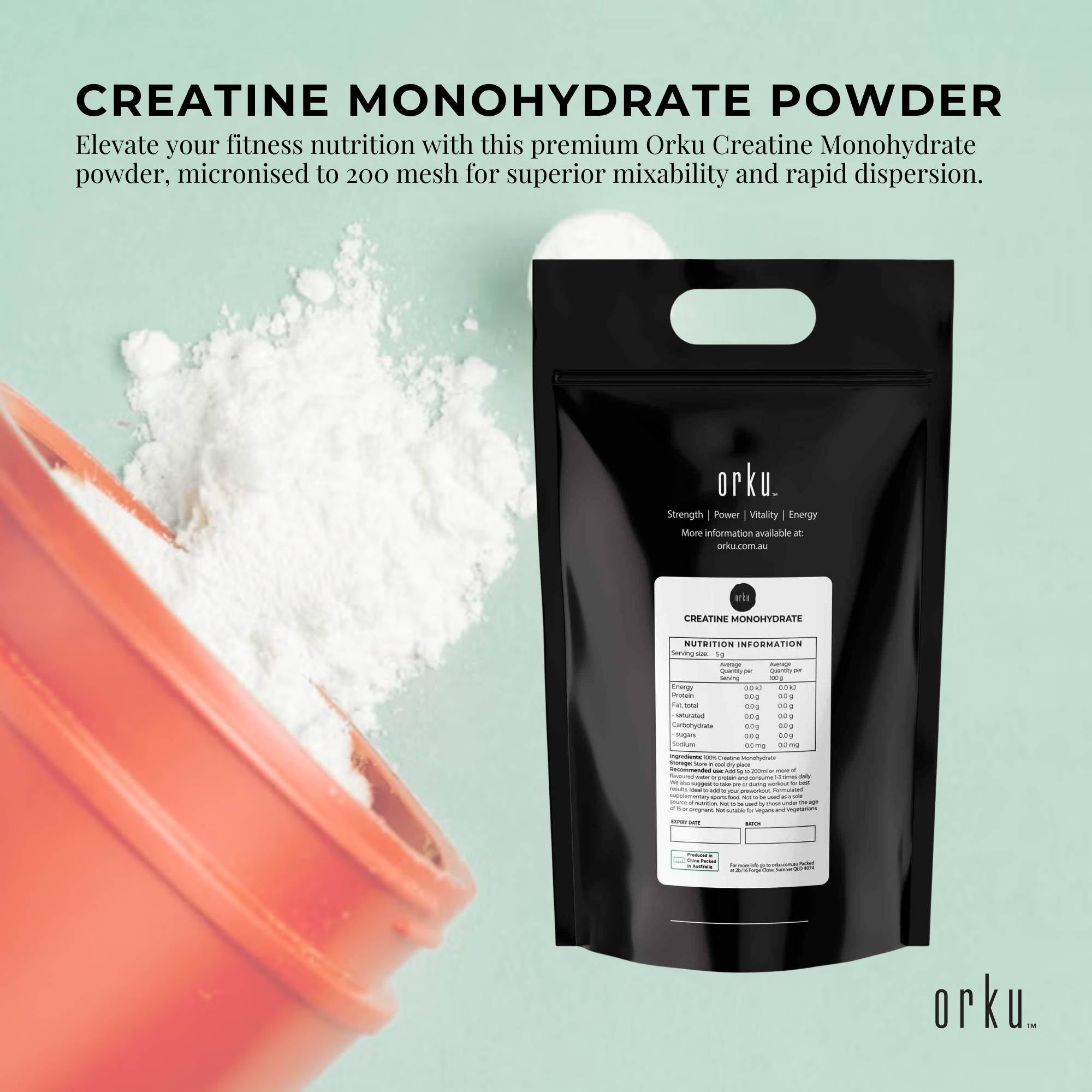 Orku 5Kg Creatine Monohydrate Powder 200 Mesh Micronised 99.9% Pure