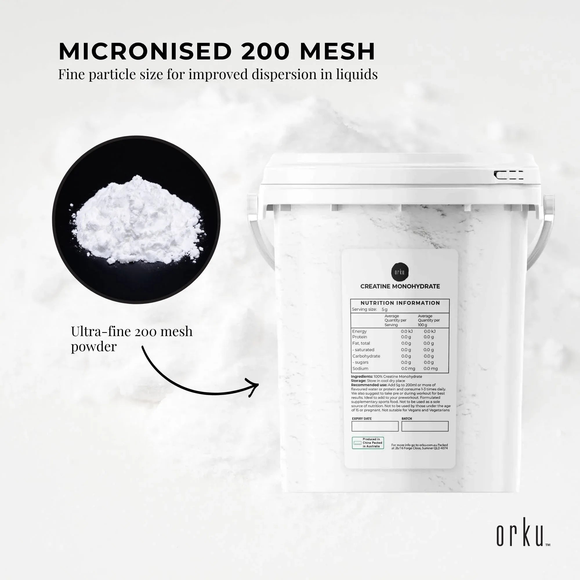 Orku 3Kg Creatine Monohydrate Powder 200 Mesh Micronised 99.9% Pure