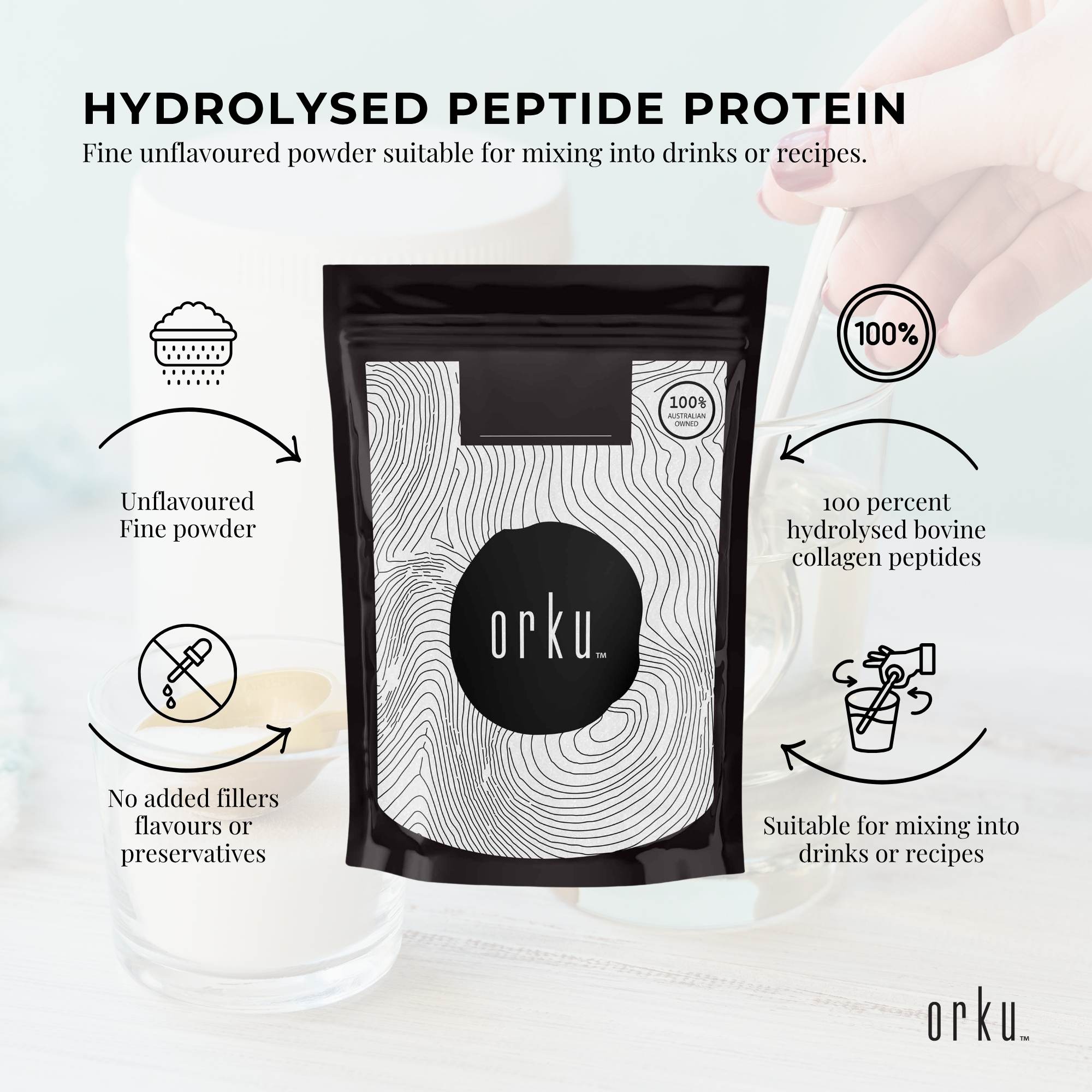 Orku 2Kg Bovine Collagen Peptides Powder Hydrolysed Protein Unflavoured
