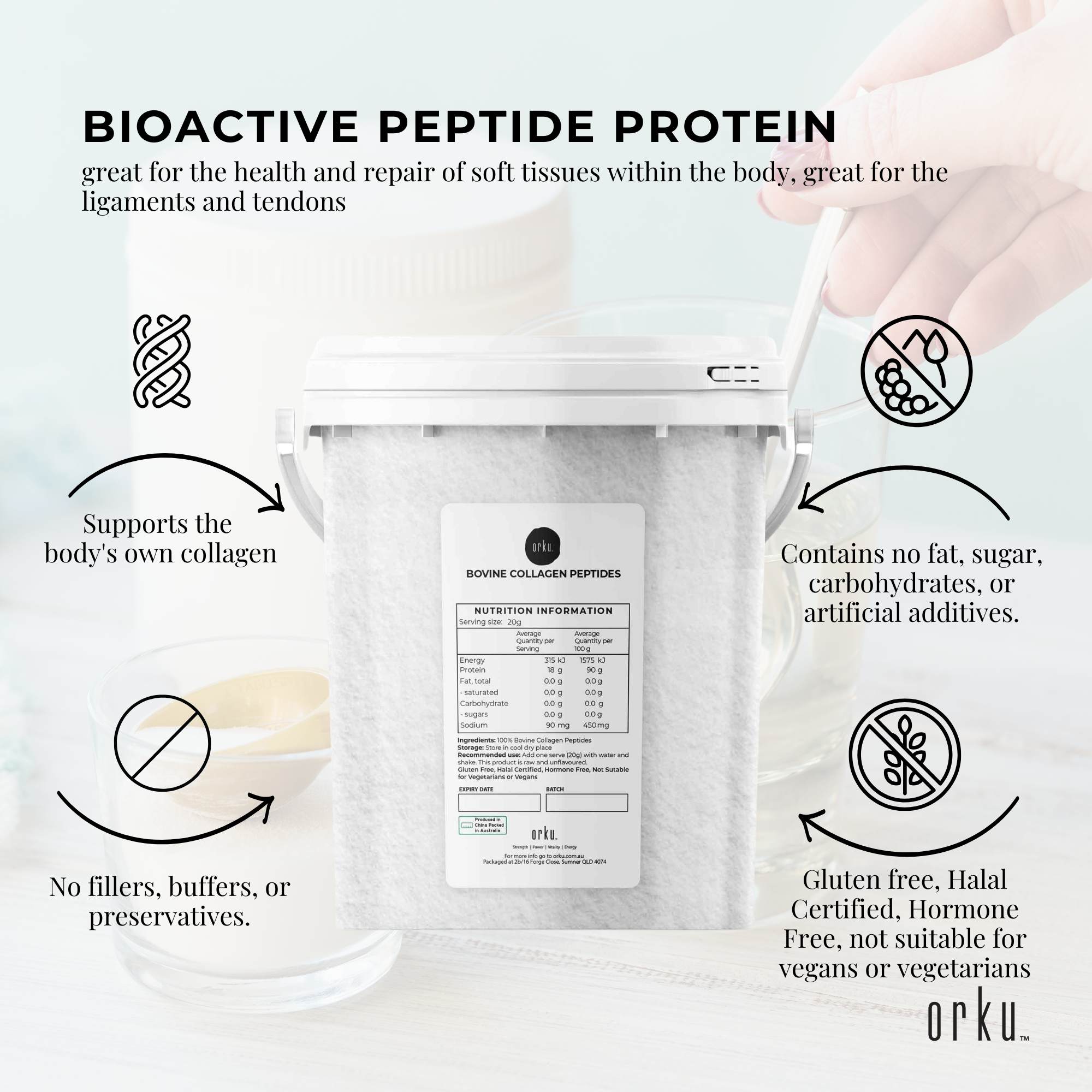 Orku 600g Bovine Collagen Peptides Powder Tub Hydrolysed Protein