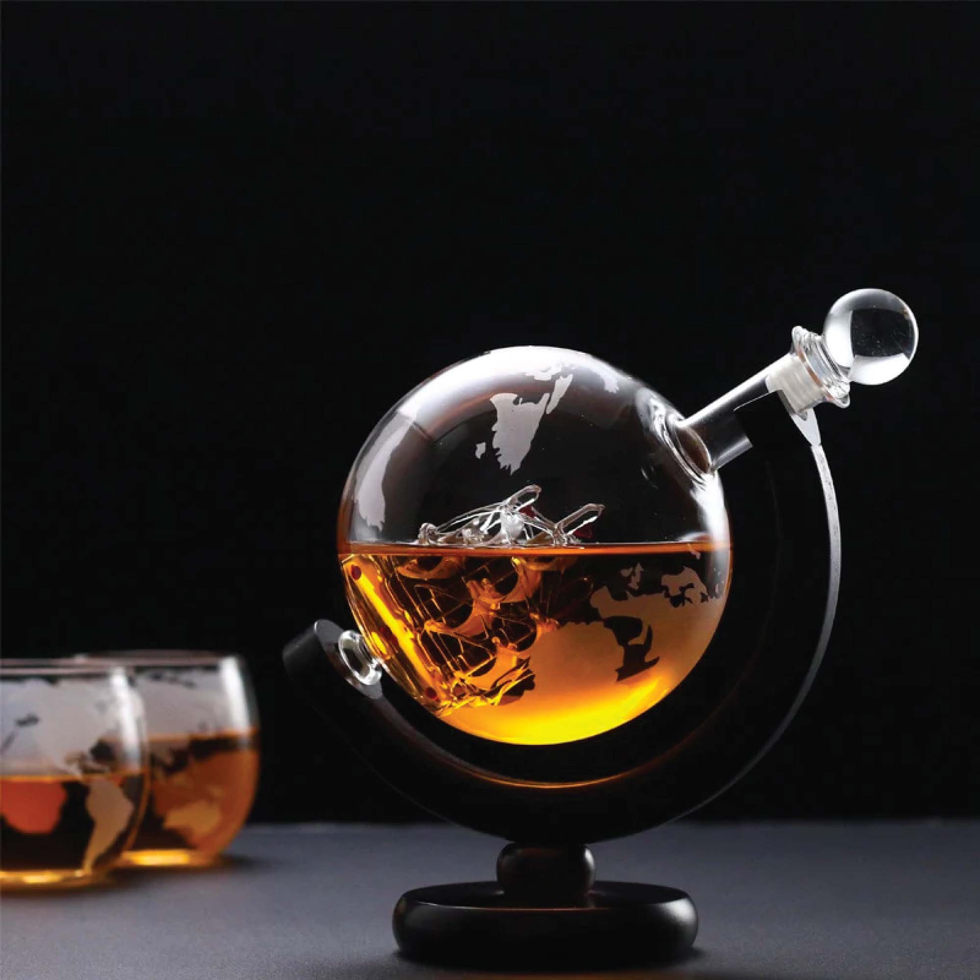Kitchee 850ml Whiskey or Wine Globe Glass Decanter Set - 2 Glasses + Stand