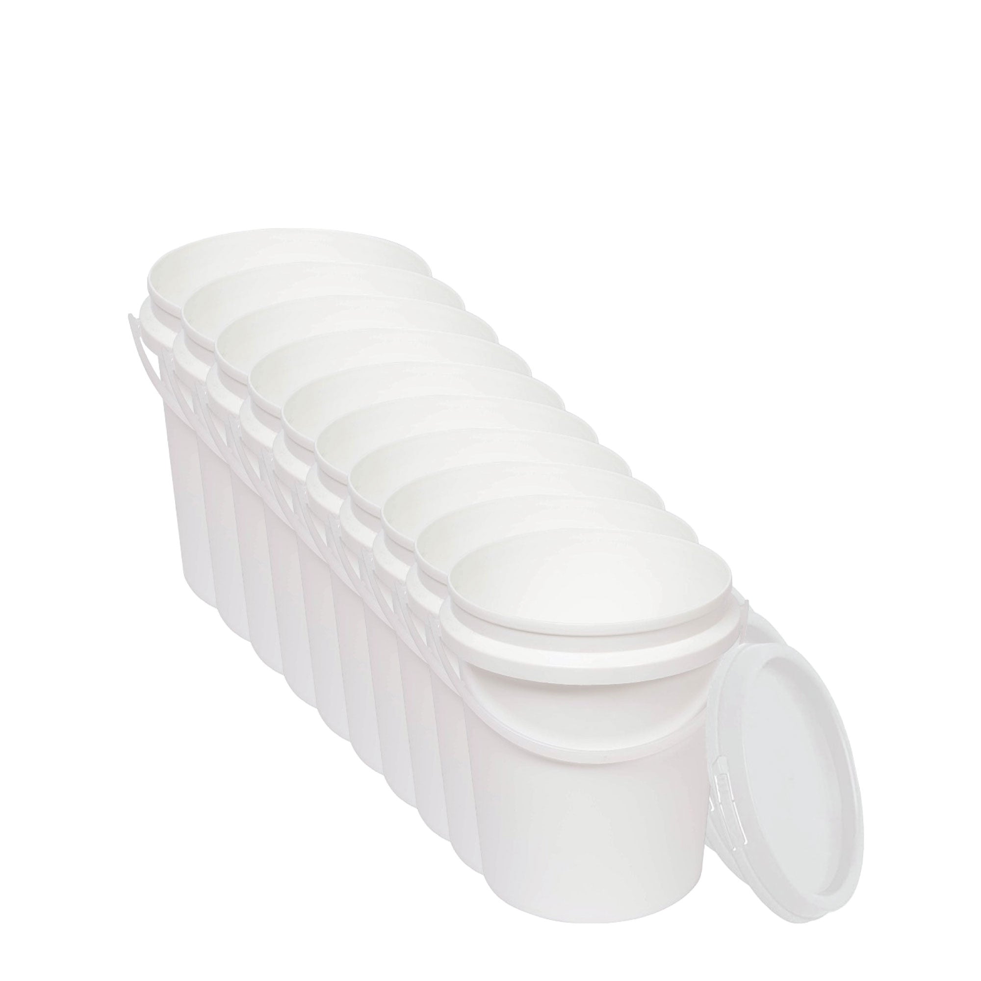 Kitchee 10x 1.2L Plastic Buckets + Lids - Empty Food Grade Tub Handle White