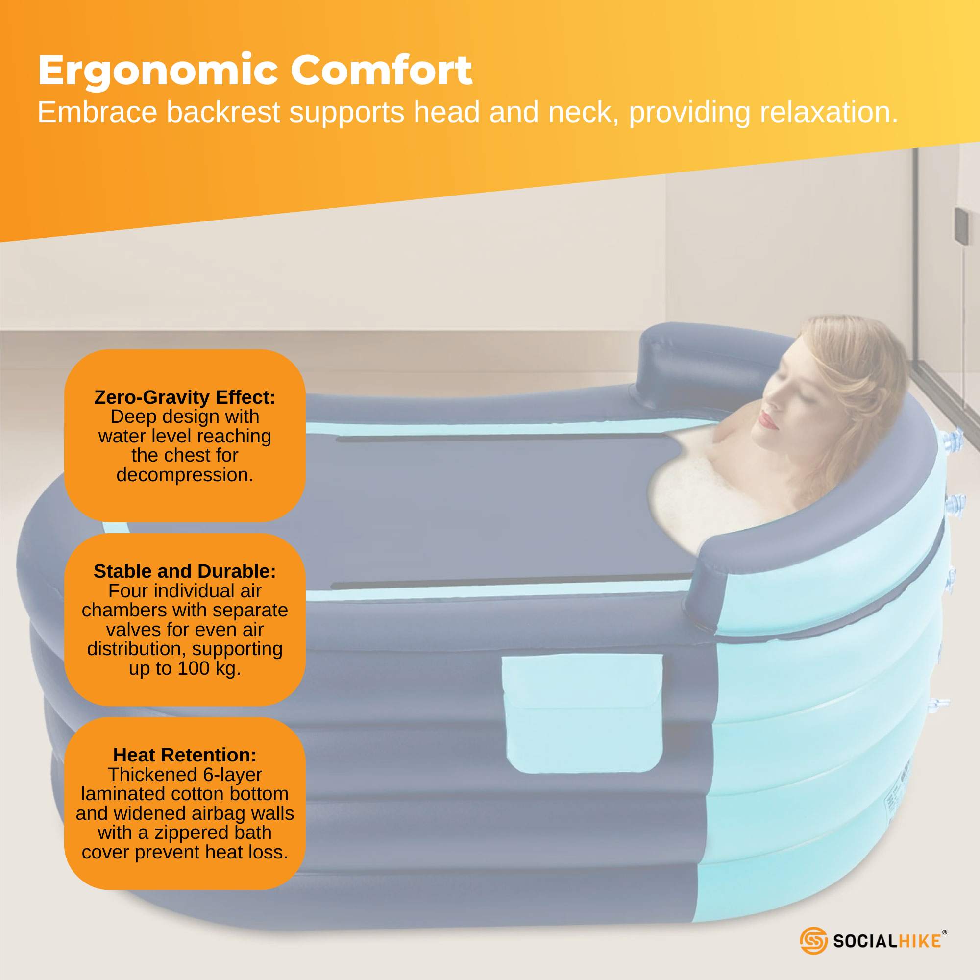 Social Hike Portable Bathtub and Wireless Pump - Inflatable Adult Tub Blue