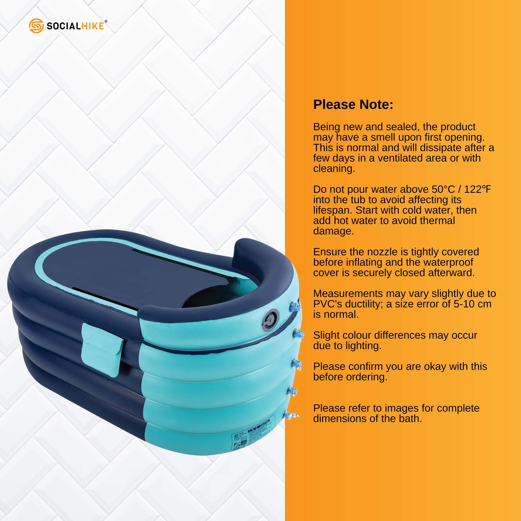 Social Hike Portable Bathtub and Wireless Pump - Inflatable Adult Tub Blue