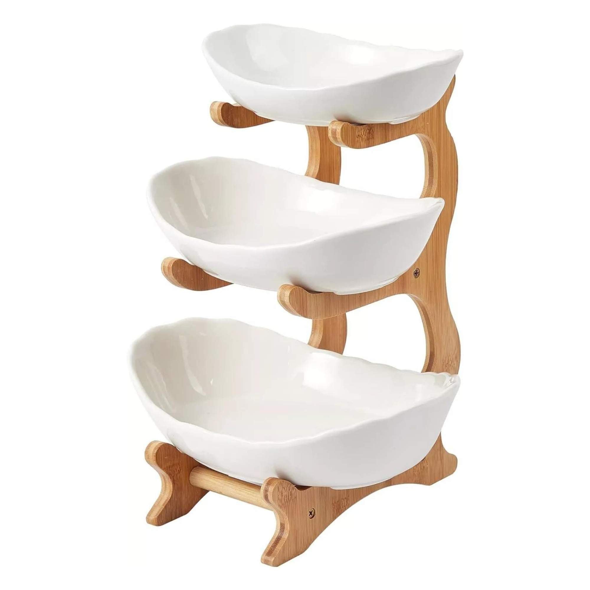 Food Storage: 3 Tier Porcelain Fruit Bowl - Ceramic Vegetable Storage With Bamboo Stand