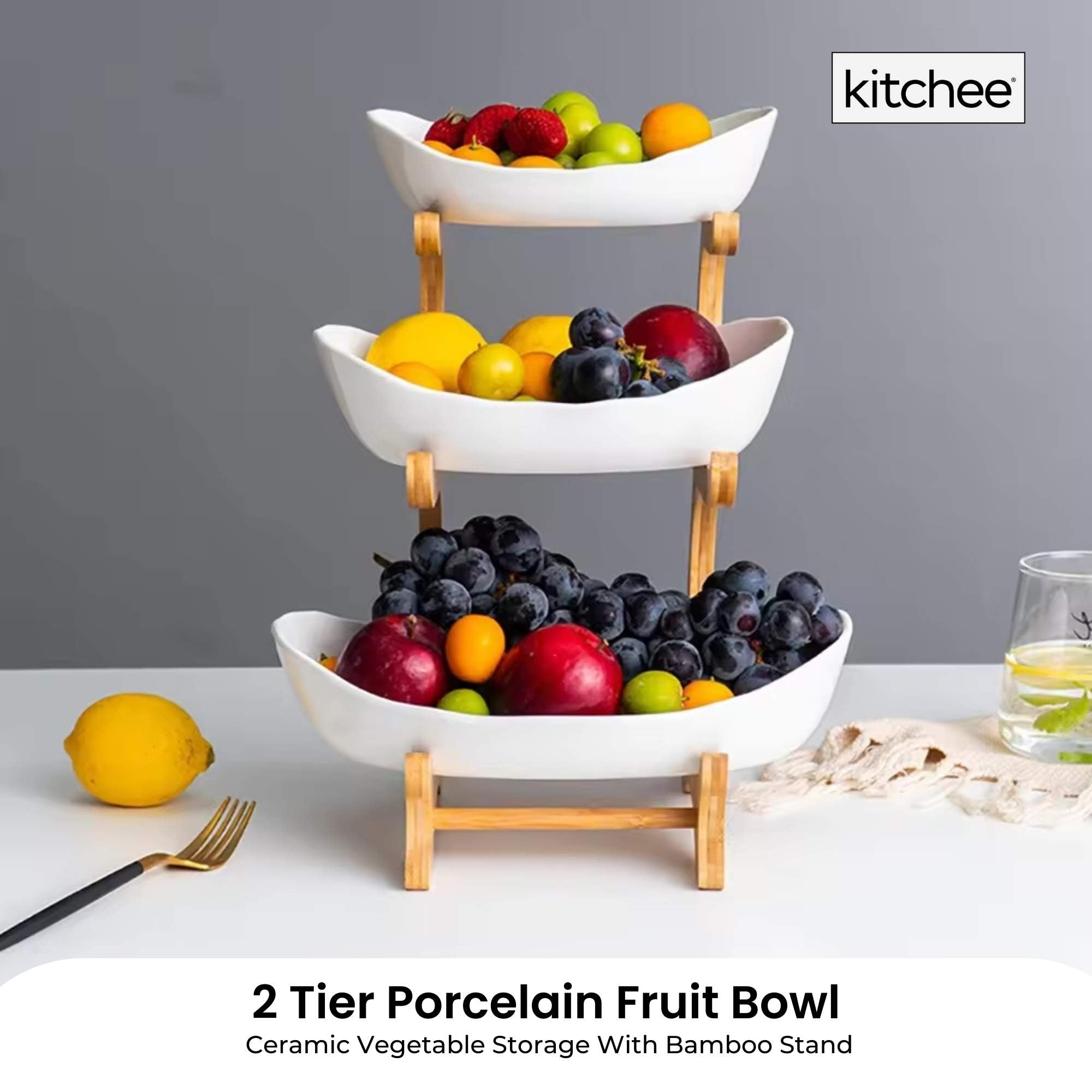 Food Storage: 3 Tier Porcelain Fruit Bowl - Ceramic Vegetable Storage With Bamboo Stand