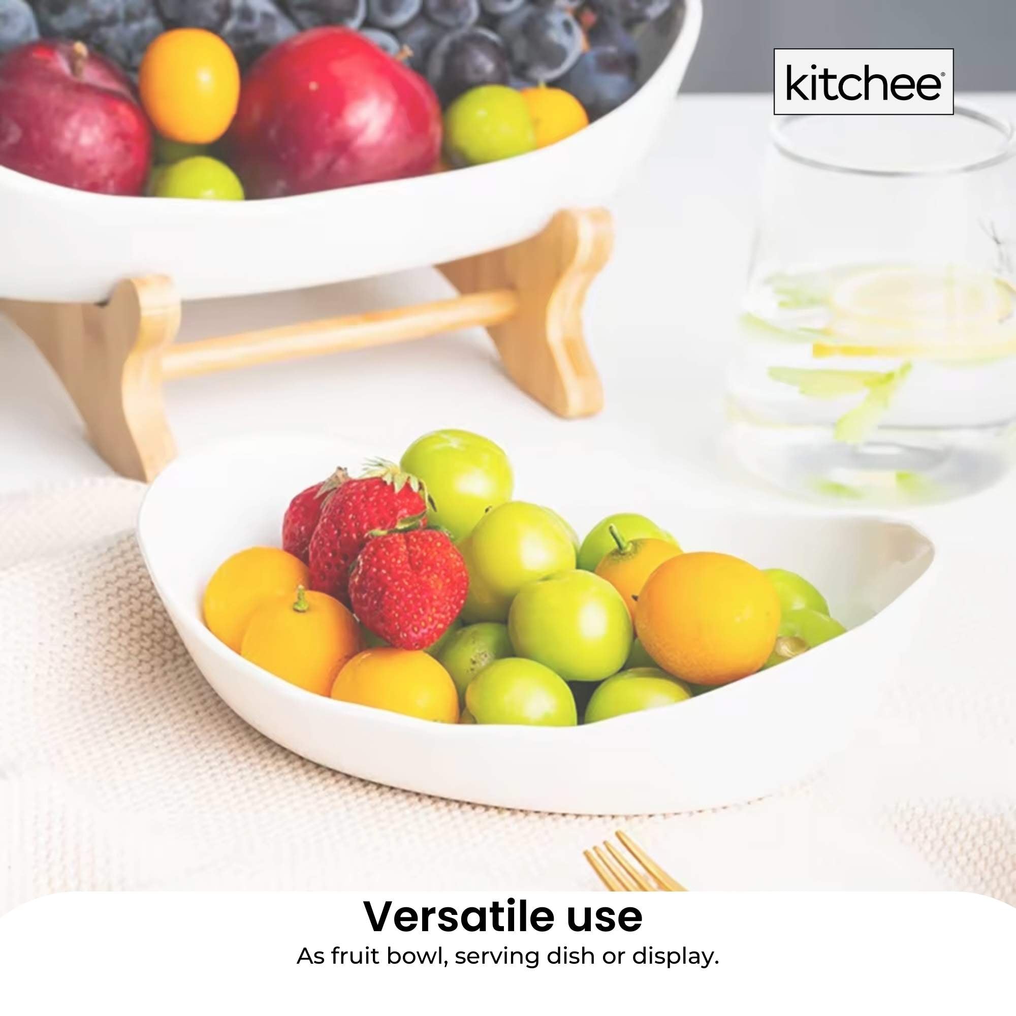 Food Storage: 3 Tier Porcelain Fruit Bowl - Ceramic Vegetable Storage With Bamboo Stand