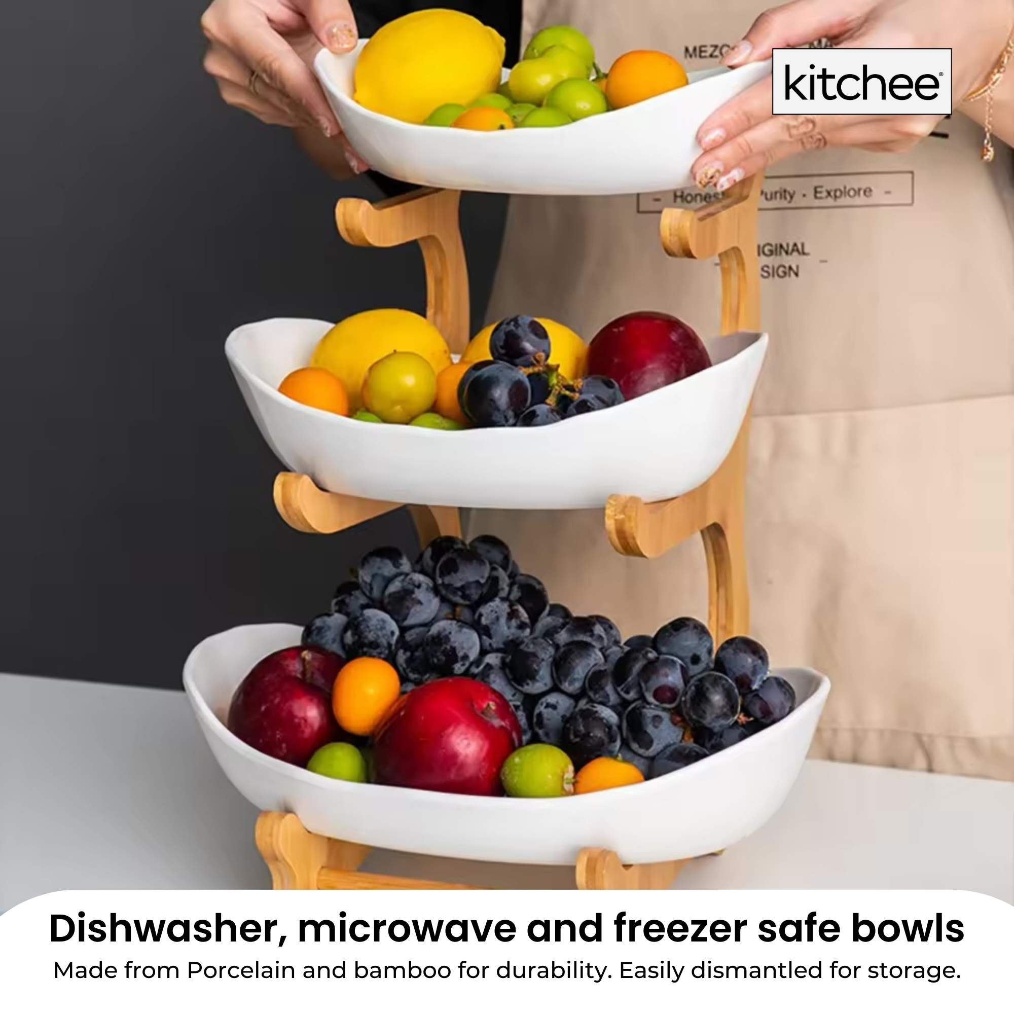 Food Storage: 3 Tier Porcelain Fruit Bowl - Ceramic Vegetable Storage With Bamboo Stand