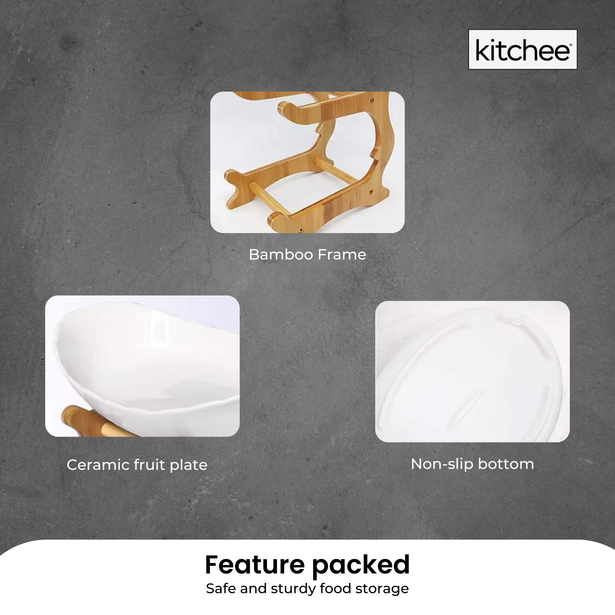 Food Storage: 3 Tier Porcelain Fruit Bowl - Ceramic Vegetable Storage With Bamboo Stand
