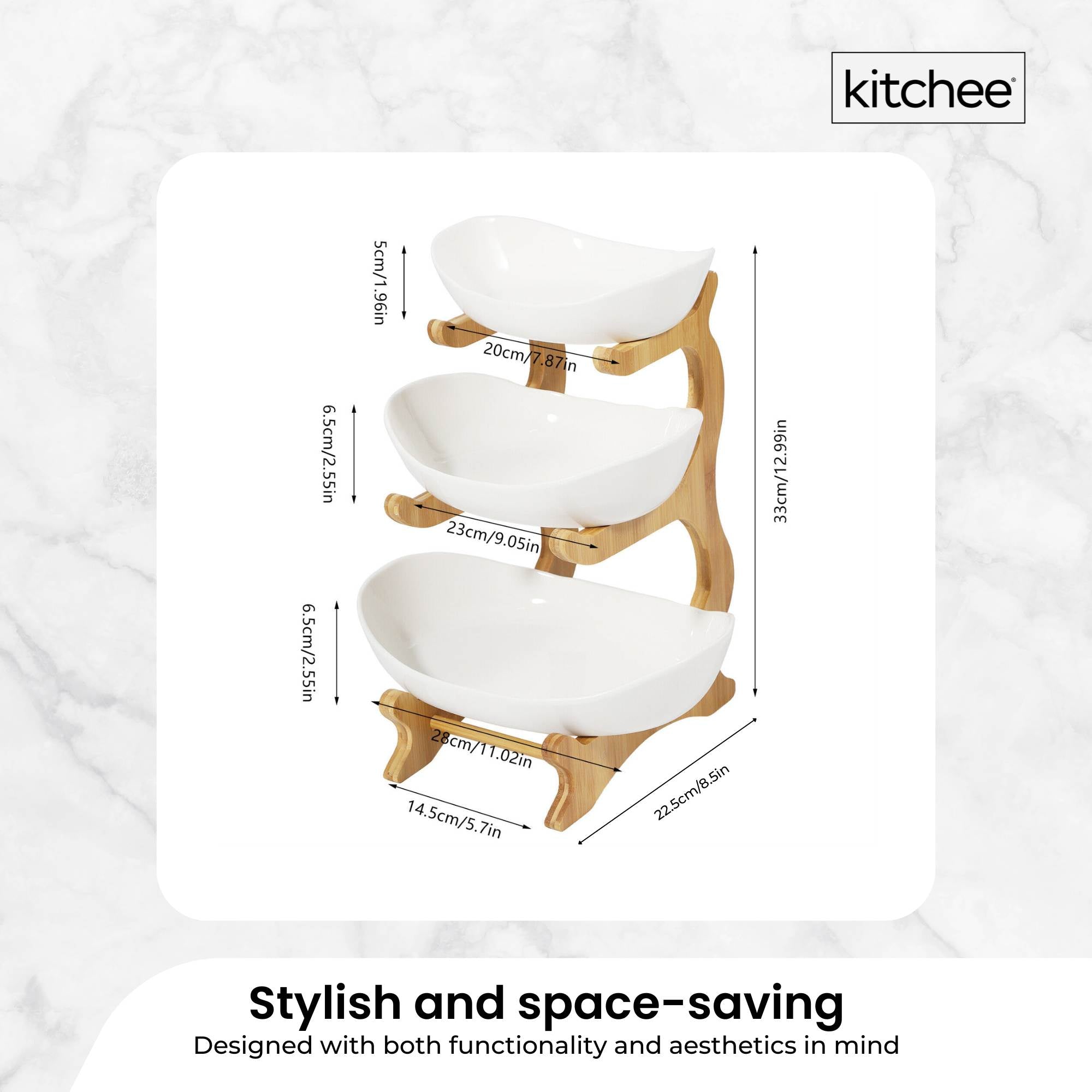 Food Storage: 3 Tier Porcelain Fruit Bowl - Ceramic Vegetable Storage With Bamboo Stand