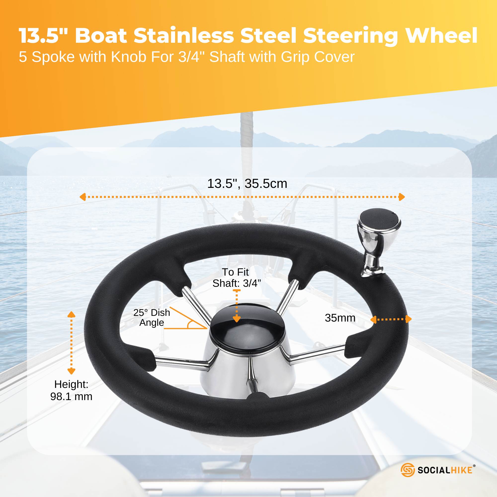 Boating Accessories: 13.5" Boat Steering Wheel With Grip Cover - Stainless Steel 3/4" 5 Spoke With Knob
