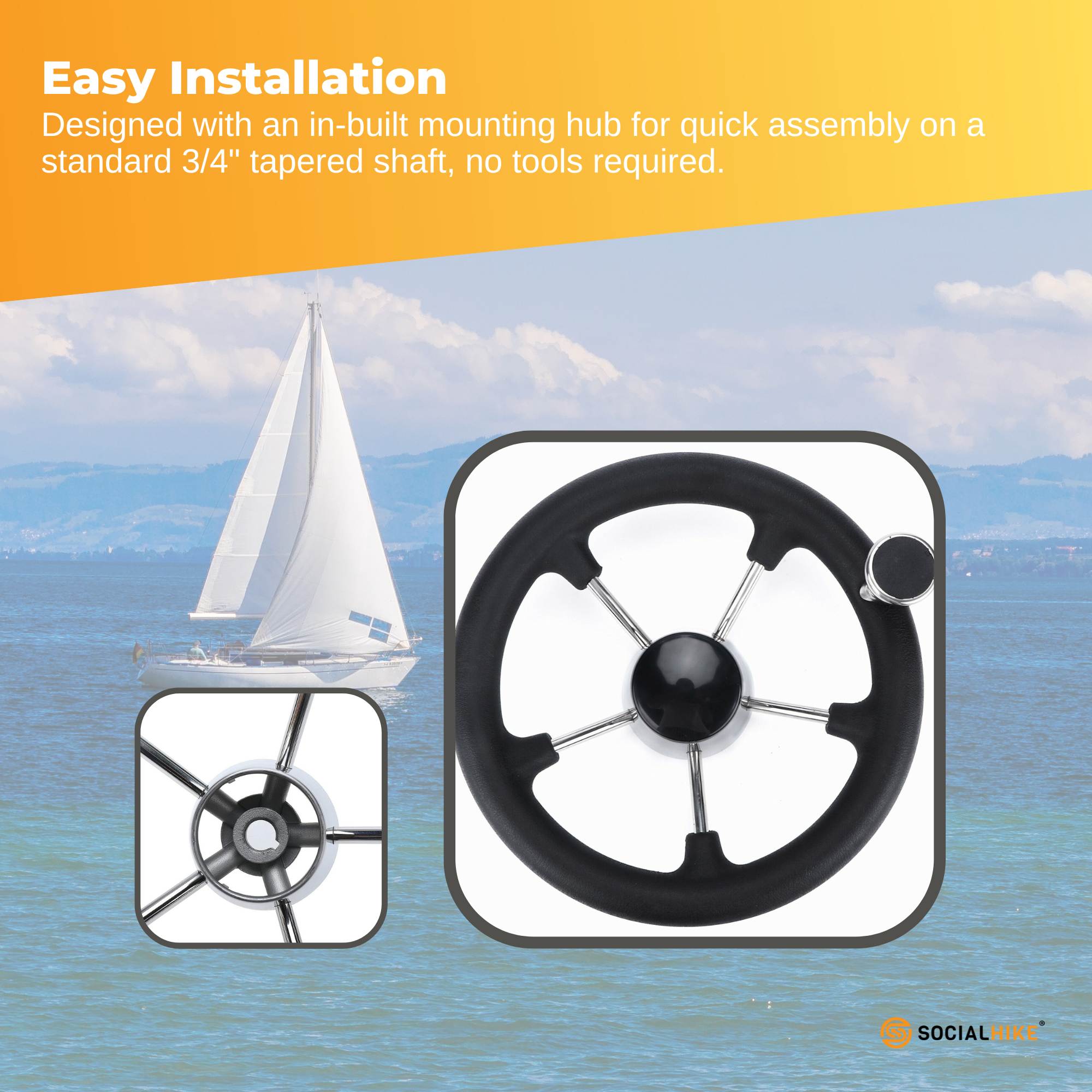 Boating Accessories: 13.5" Boat Steering Wheel With Grip Cover - Stainless Steel 3/4" 5 Spoke With Knob