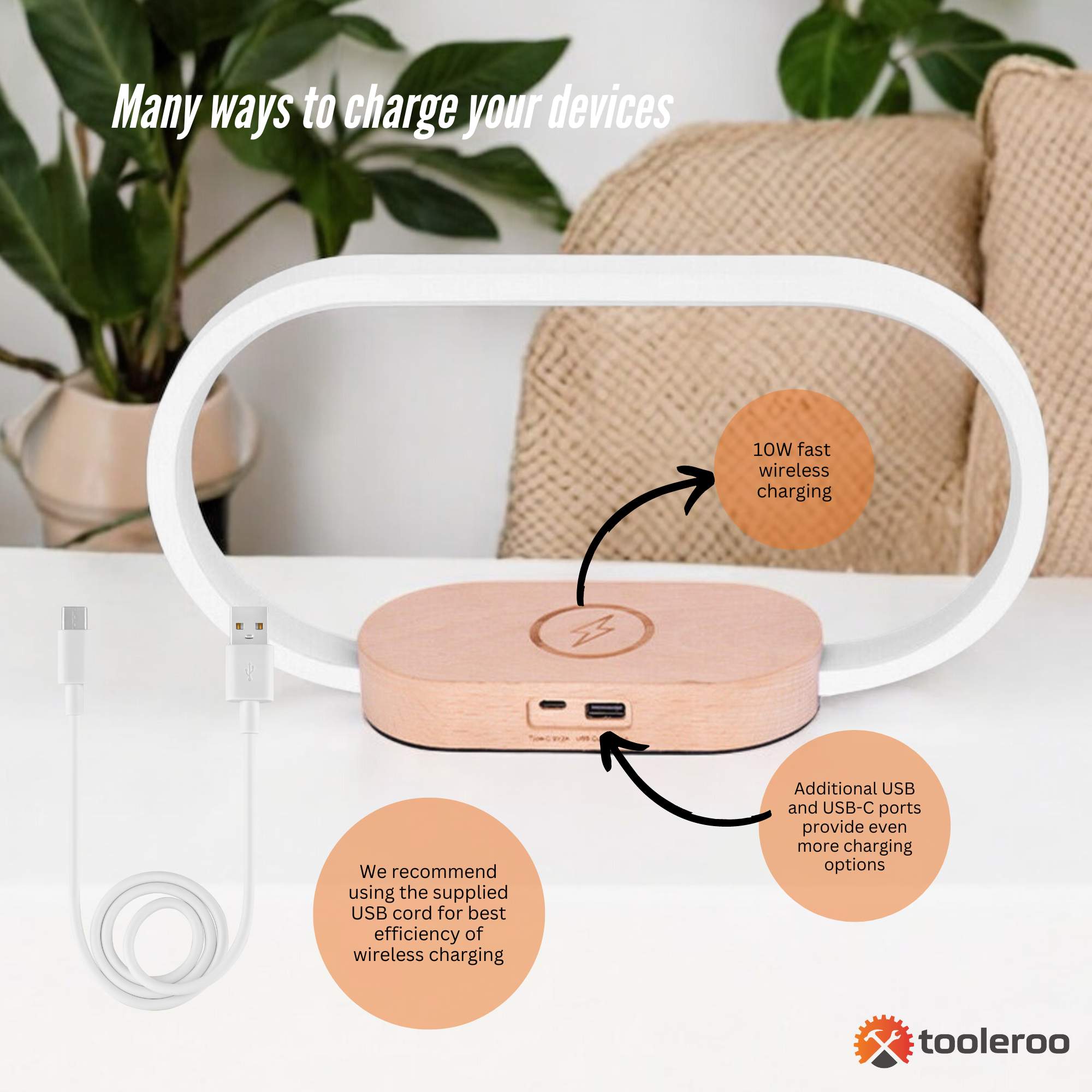 Table Lamps: Wireless Phone Charger Table Lamp - USB Port Charging Bedside Light With Clock