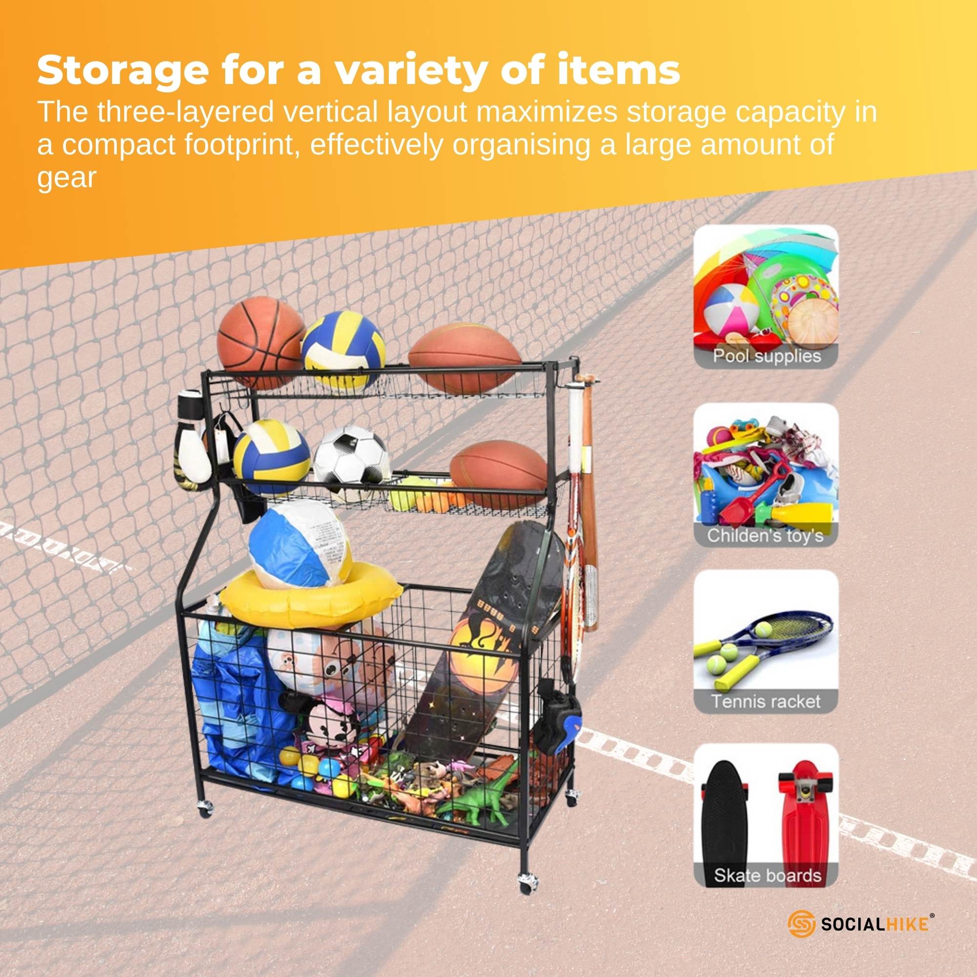 Social Hike Sports Equipment Storage Organiser Trolley on Wheels - Garage Basket