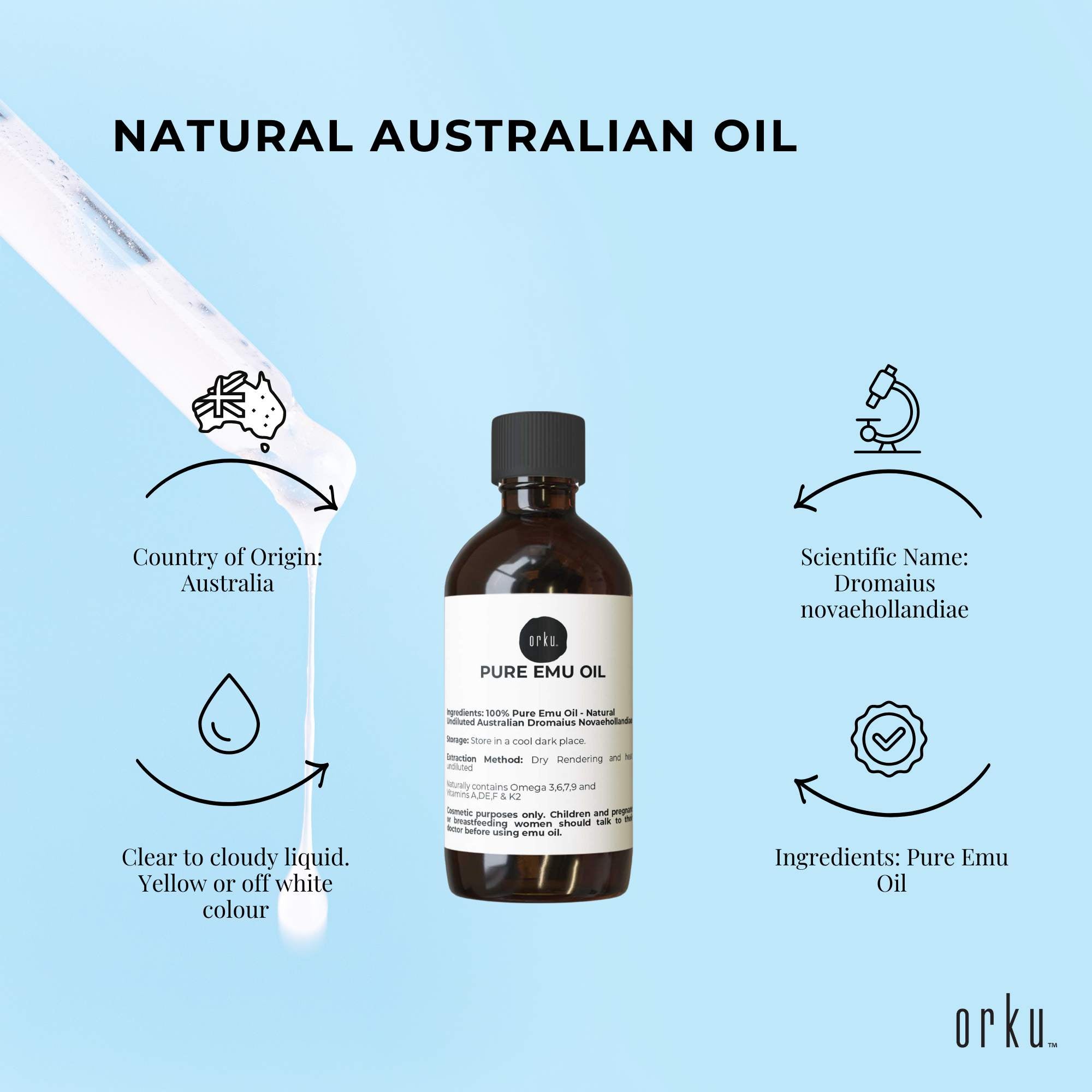 Facial Lotions & Moisturisers: Orku 100ml Pure Emu Oil - Natural Undiluted Australian Dromaius Novaehollandiae