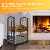 Fire Pit Accessories: Social Hike Firewood Rack Stand and Fireplace Tool Set for Log Holder Storage