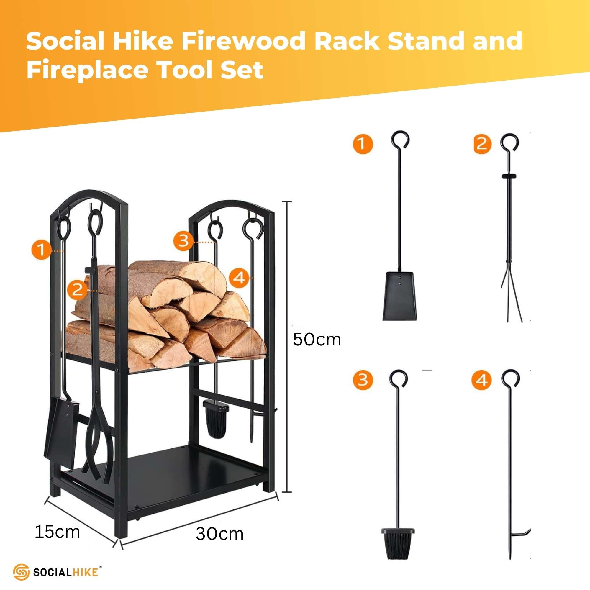 Social Hike Firewood Rack Stand and Fireplace Tool Set - Wood Log Holder