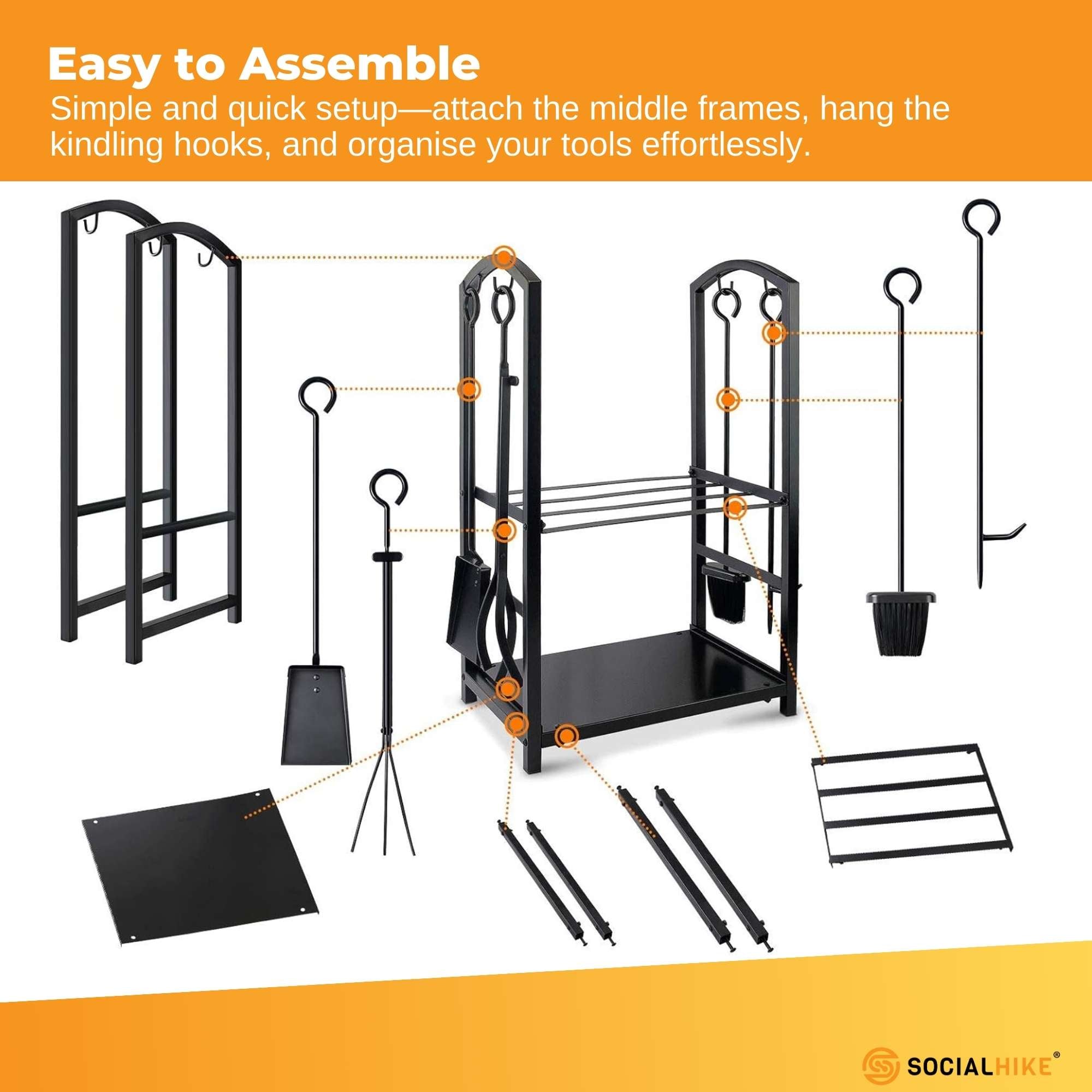Social Hike Firewood Rack Stand and Fireplace Tool Set - Wood Log Holder