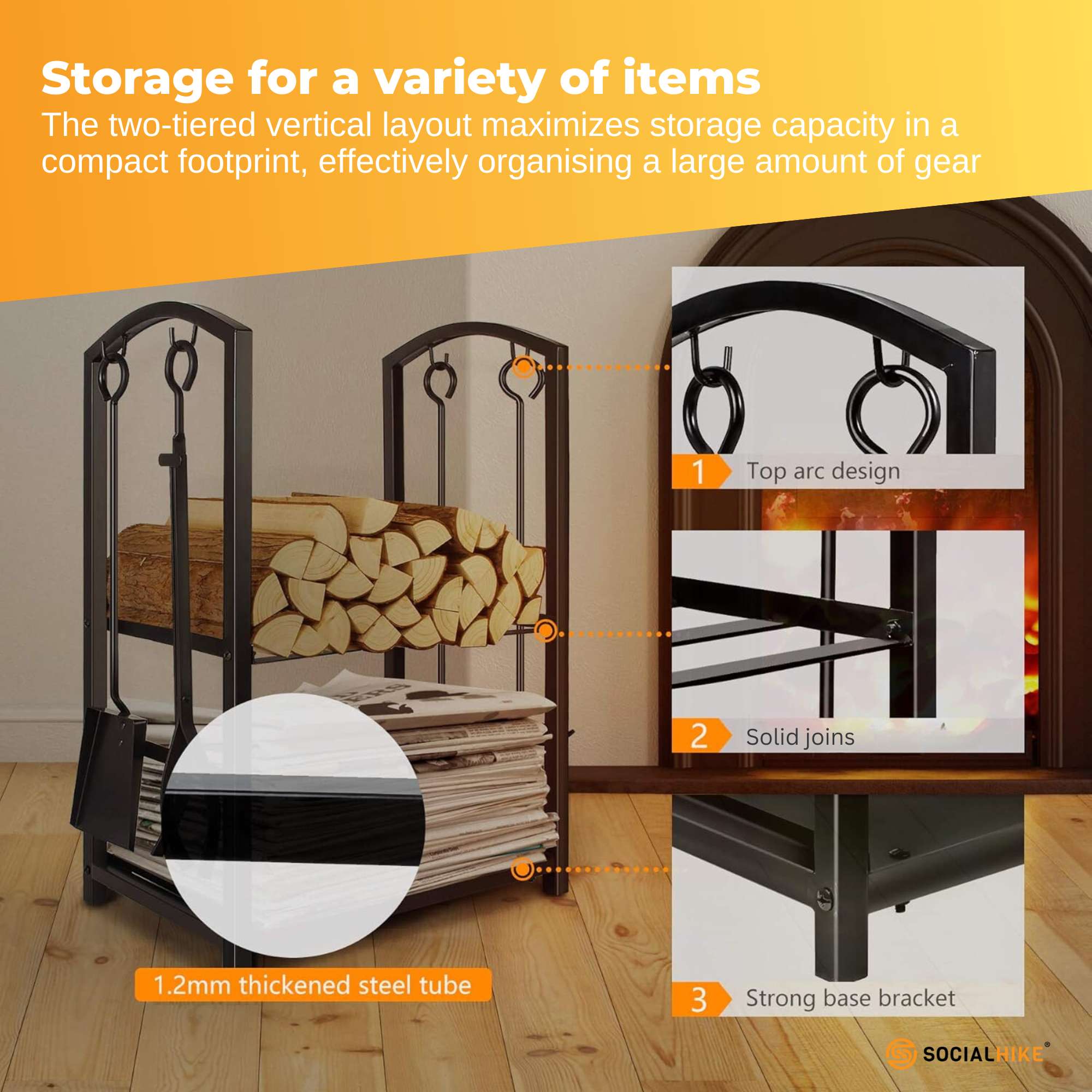 Social Hike Firewood Rack Stand and Fireplace Tool Set - Wood Log Holder