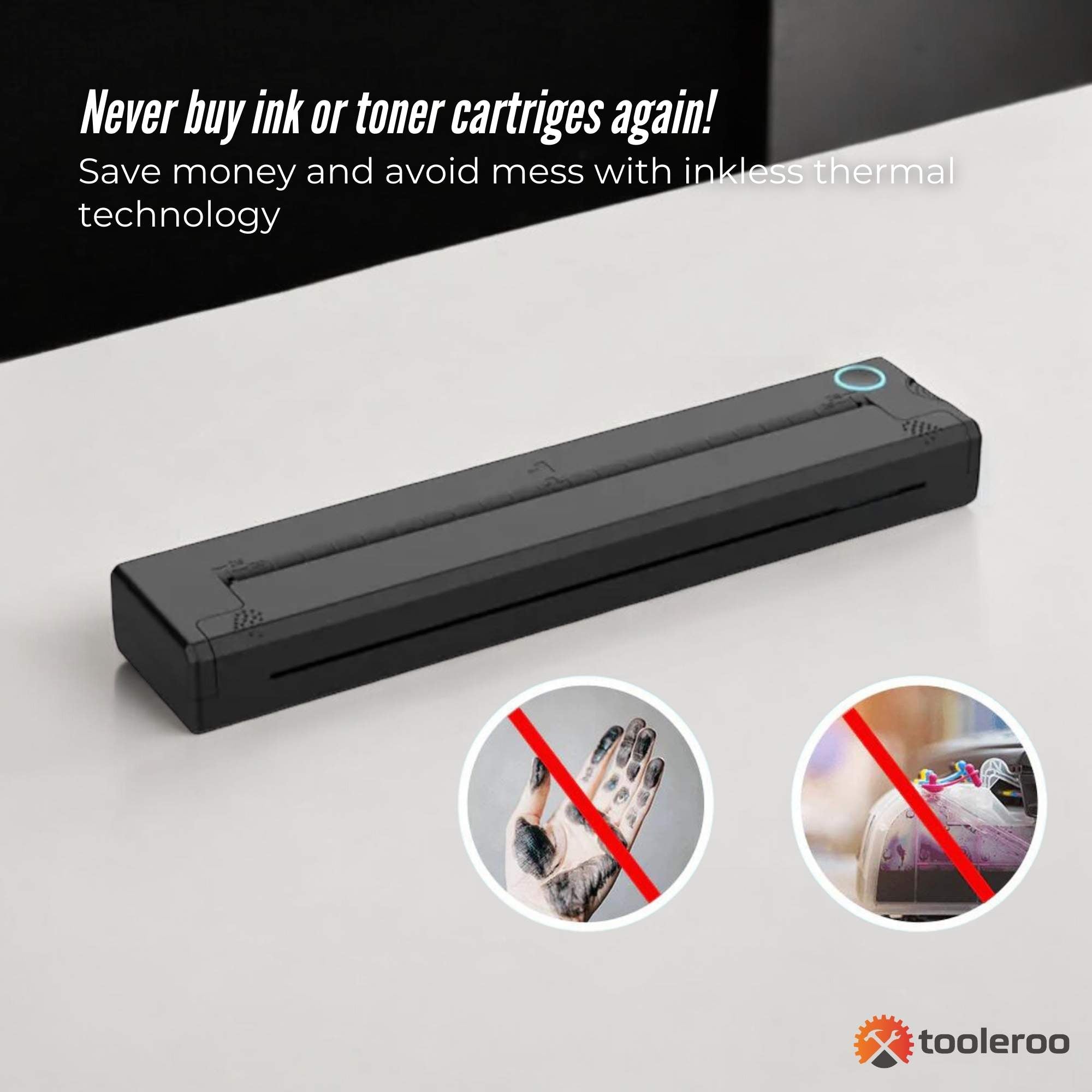 Printers & Accessories: Tooleroo Portable A4 Thermal Printer Black + Paper Kit - Wireless and Inkless
