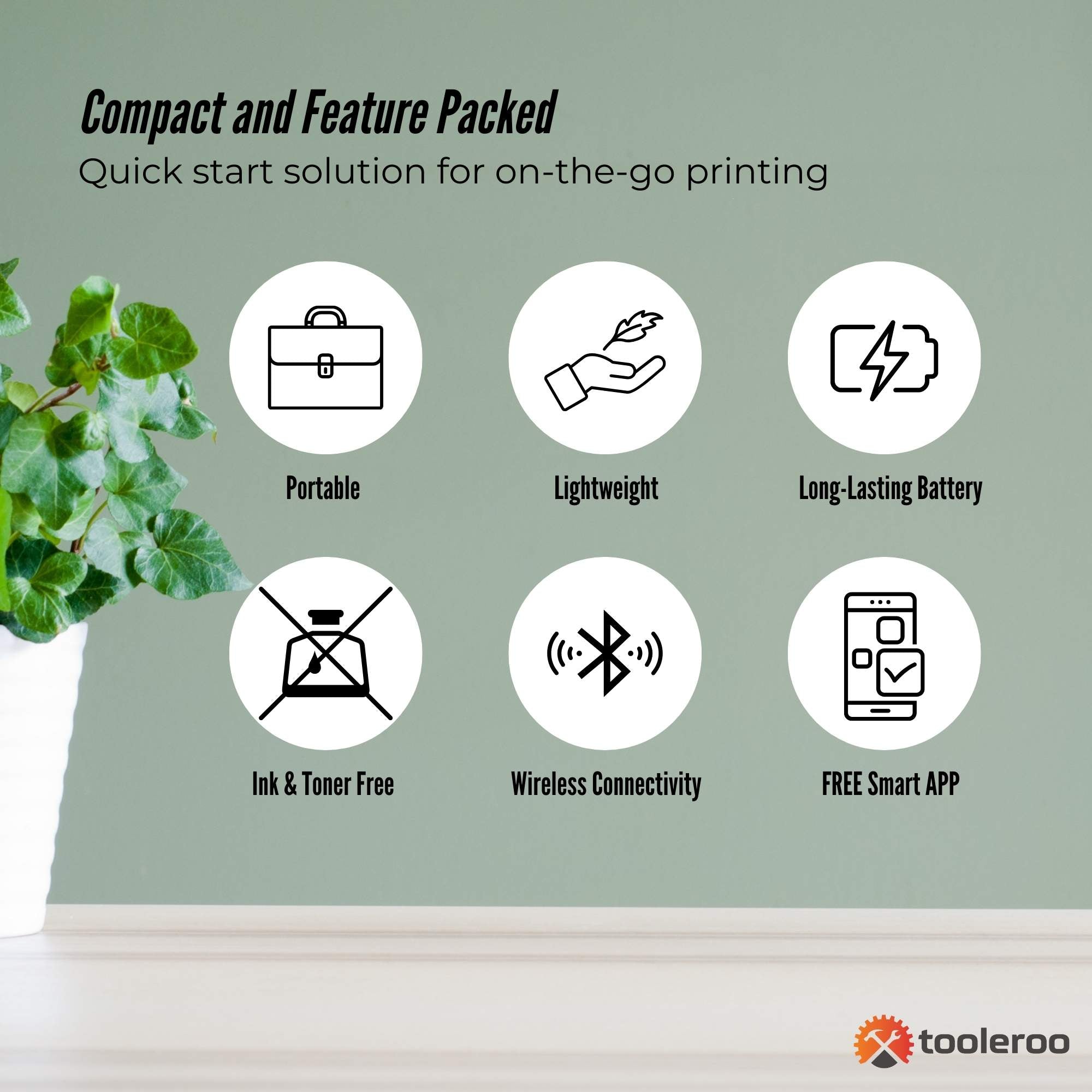 Printers & Accessories: Tooleroo Portable A4 Thermal Printer Black + Paper Kit - Wireless and Inkless