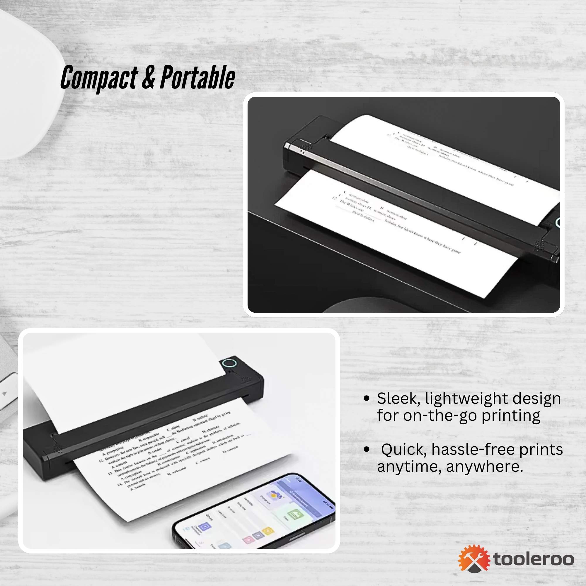 Printers & Accessories: Tooleroo Portable A4 Thermal Printer Black + Paper Kit - Wireless and Inkless