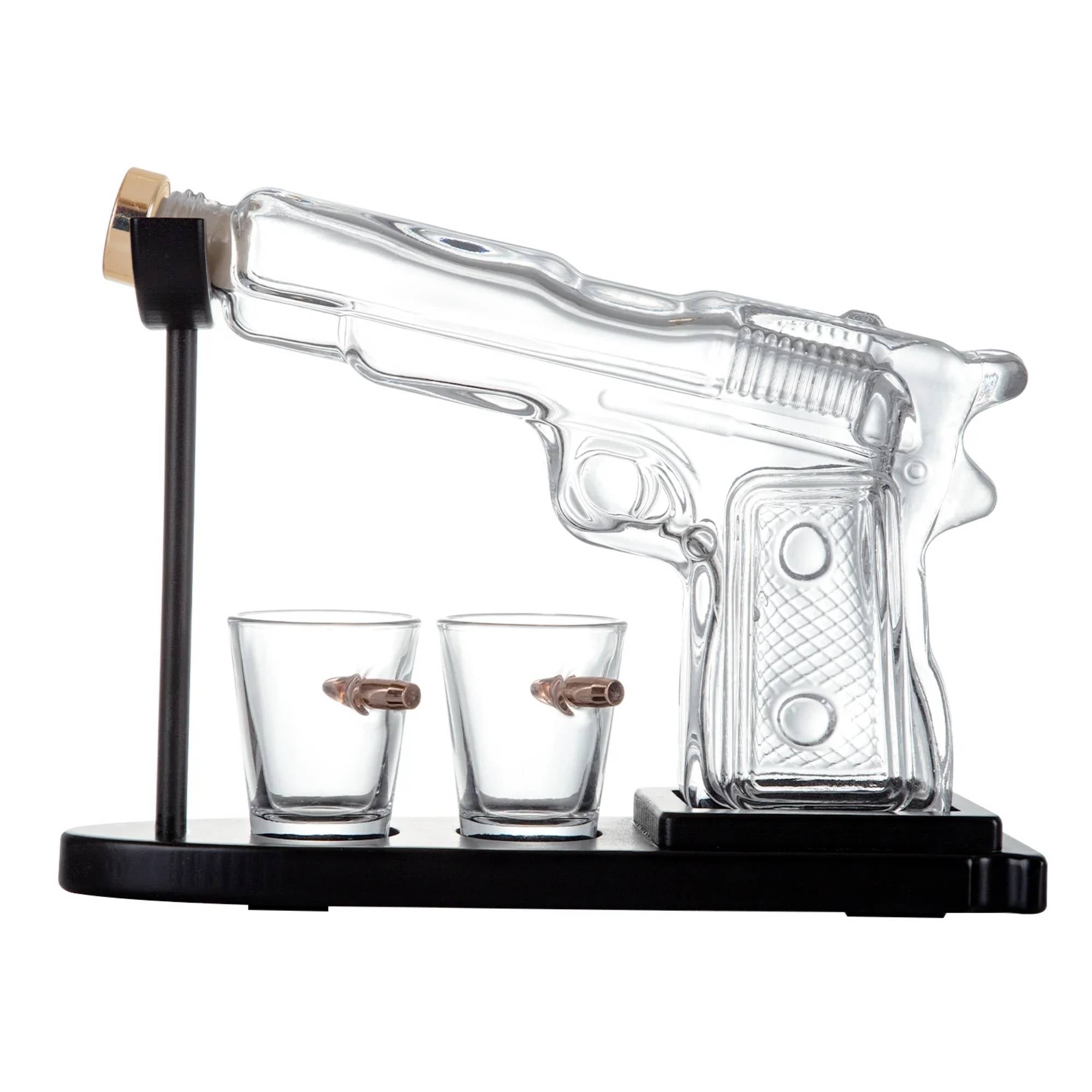 Vases & Table Decor: 225mL Whisky or Wine Decanter Glass Pistol Set - 2 Shot Glasses + Wooden Stand