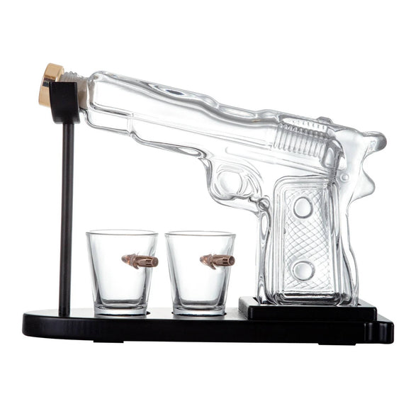 225mL Whisky or Wine Decanter Glass Pistol Set - 2 Shot Glasses + Wooden Stand