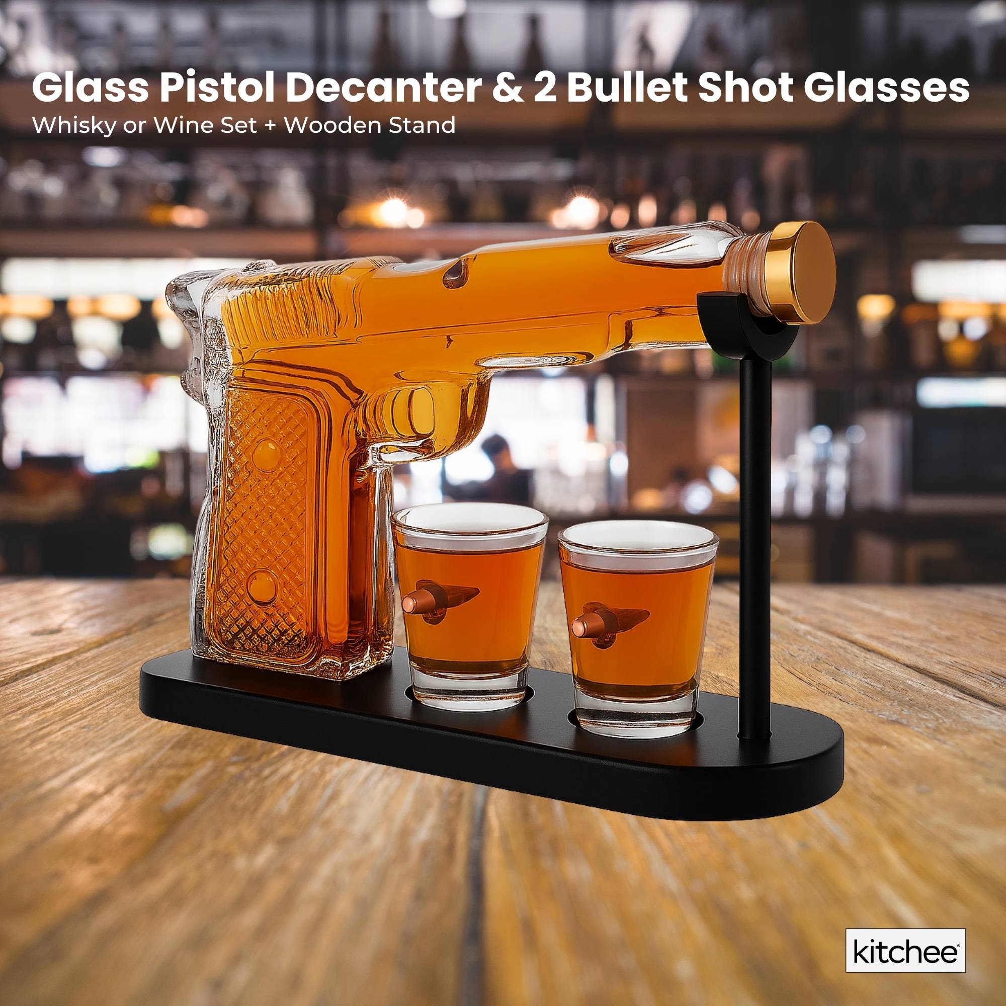 Vases & Table Decor: 225mL Whisky or Wine Decanter Glass Pistol Set - 2 Shot Glasses + Wooden Stand