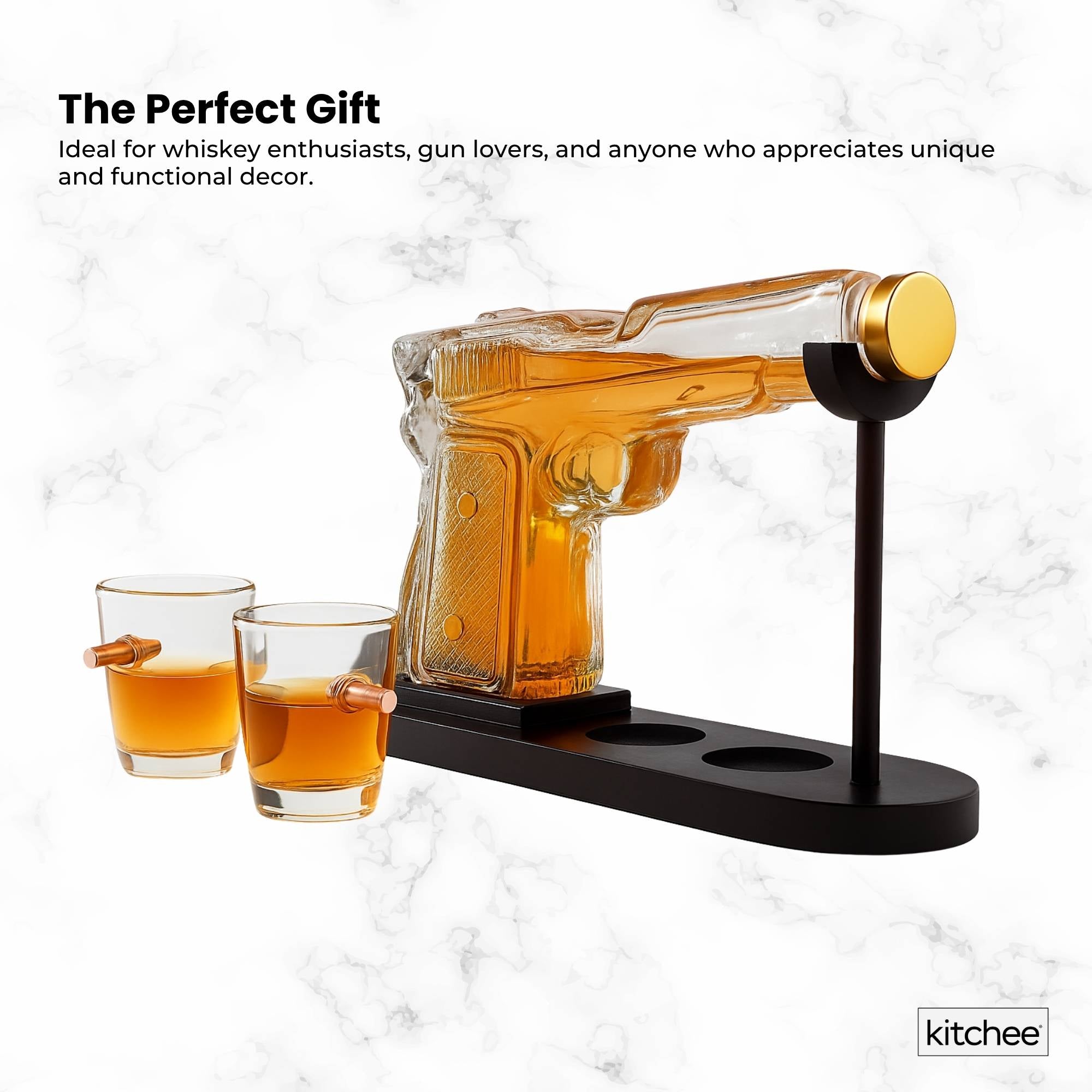 Vases & Table Decor: 225mL Whisky or Wine Decanter Glass Pistol Set - 2 Shot Glasses + Wooden Stand