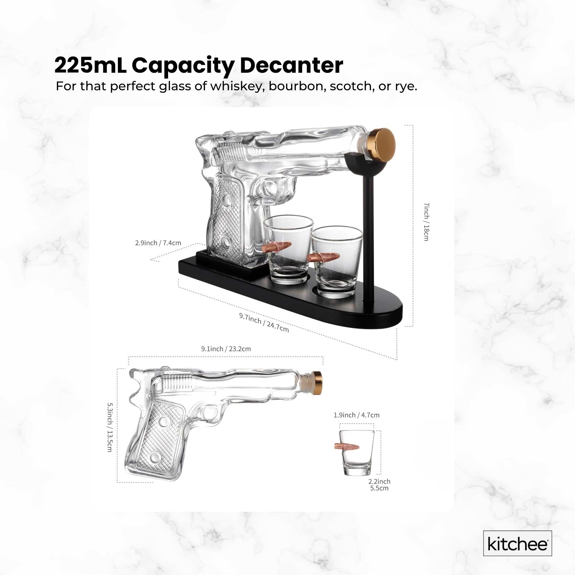 Vases & Table Decor: 225mL Whisky or Wine Decanter Glass Pistol Set - 2 Shot Glasses + Wooden Stand