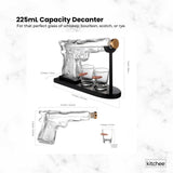 225mL Whisky or Wine Decanter Glass Pistol Set - 2 Shot Glasses + Wooden Stand