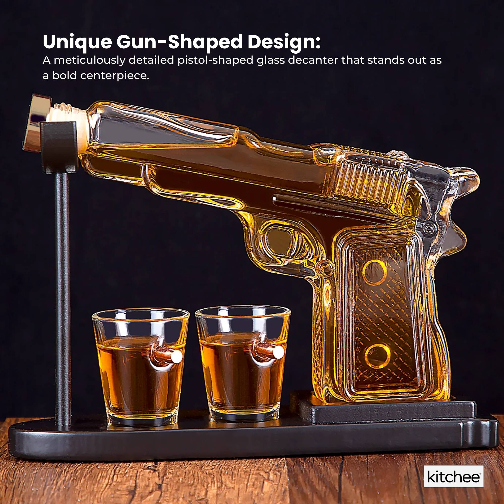 Vases & Table Decor: 225mL Whisky or Wine Decanter Glass Pistol Set - 2 Shot Glasses + Wooden Stand