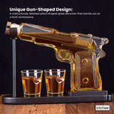 225mL Whisky or Wine Decanter Glass Pistol Set - 2 Shot Glasses + Wooden Stand