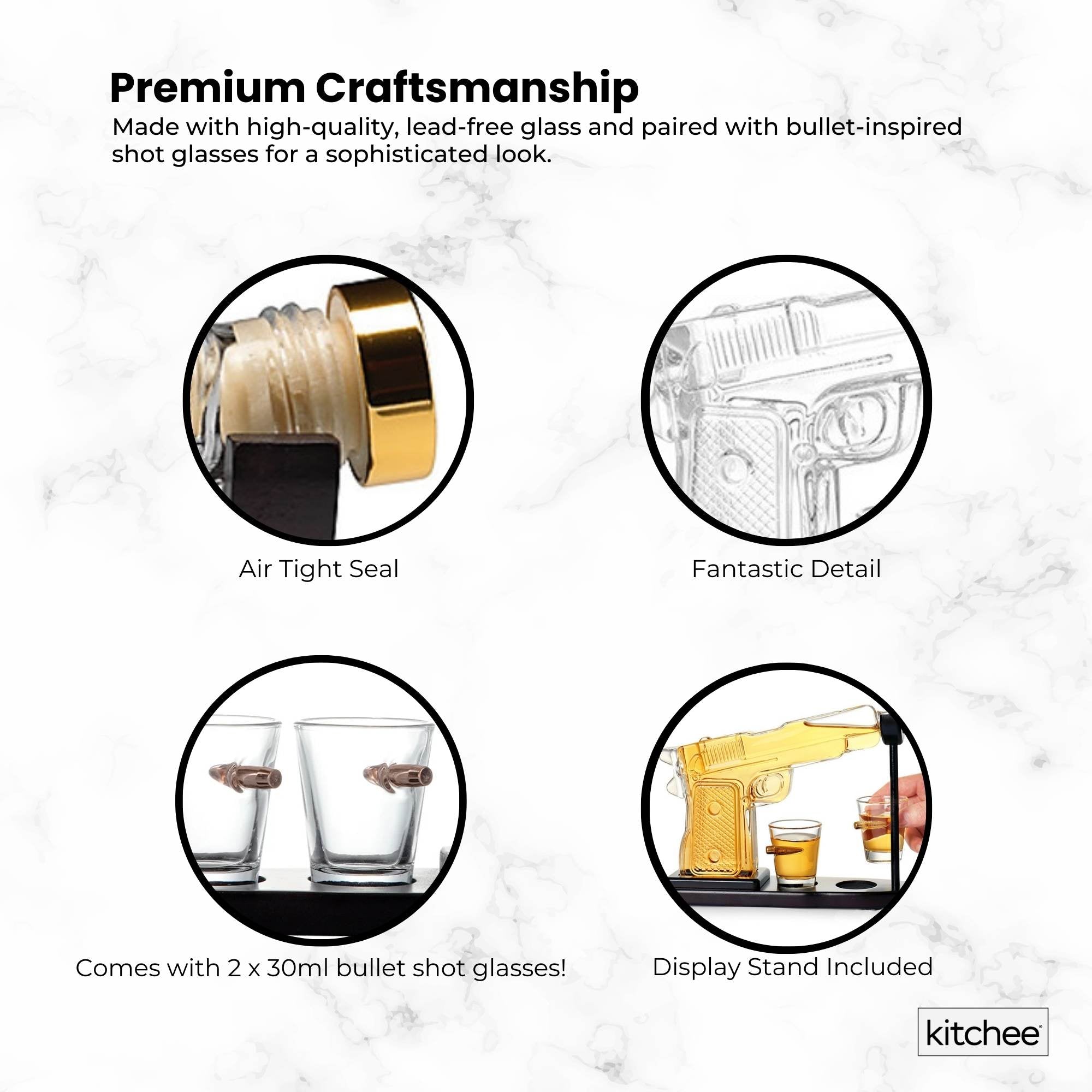 Vases & Table Decor: 225mL Whisky or Wine Decanter Glass Pistol Set - 2 Shot Glasses + Wooden Stand